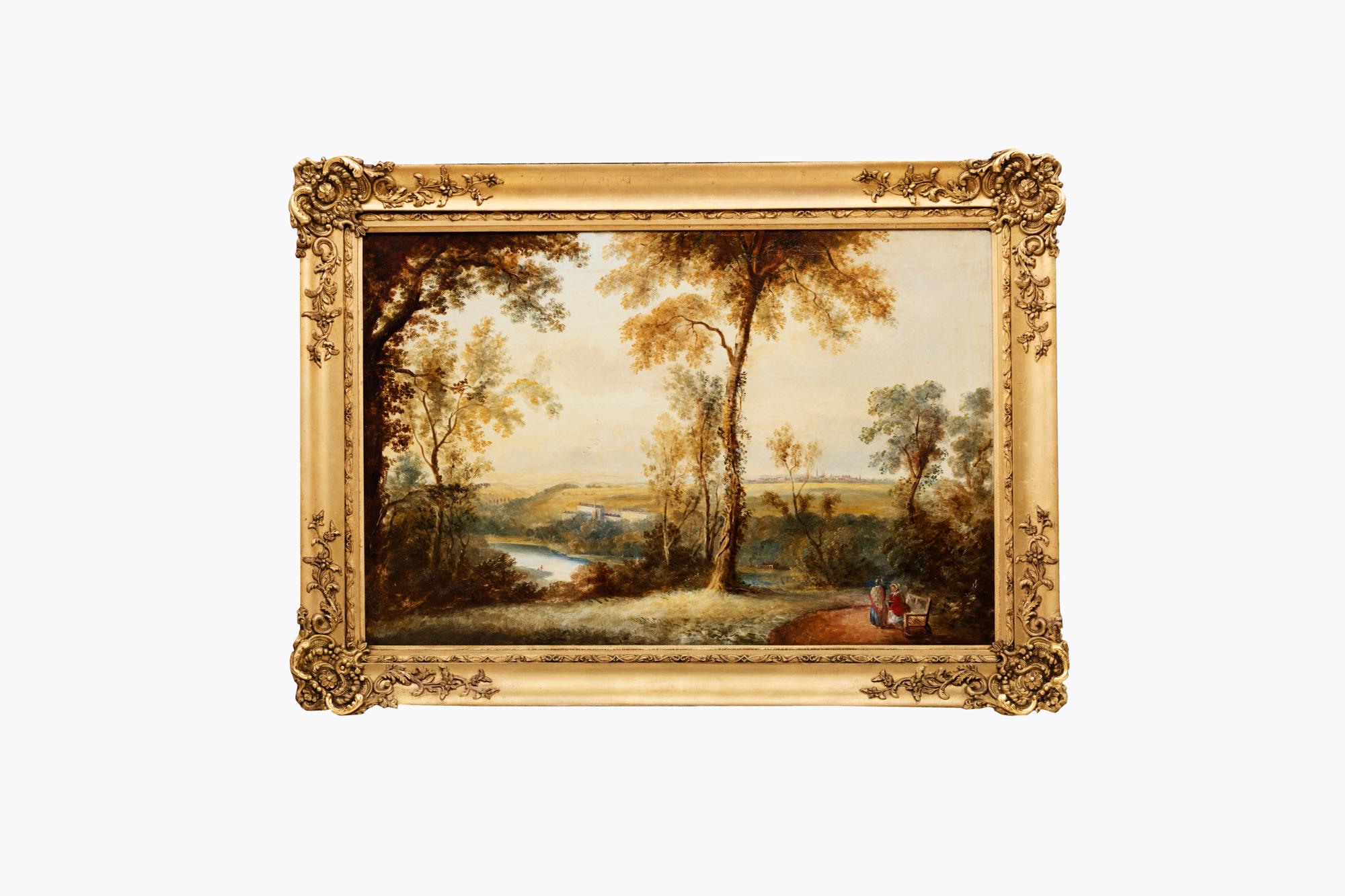'View of Old and New Lanark', Scotland, circa 1830.

Oil on canvas landscape scene in gilt frame depicting ladies admiring the view of the River Clyde to the foreground with the towns of Lanark and New Lanark in the distance.

Built during the