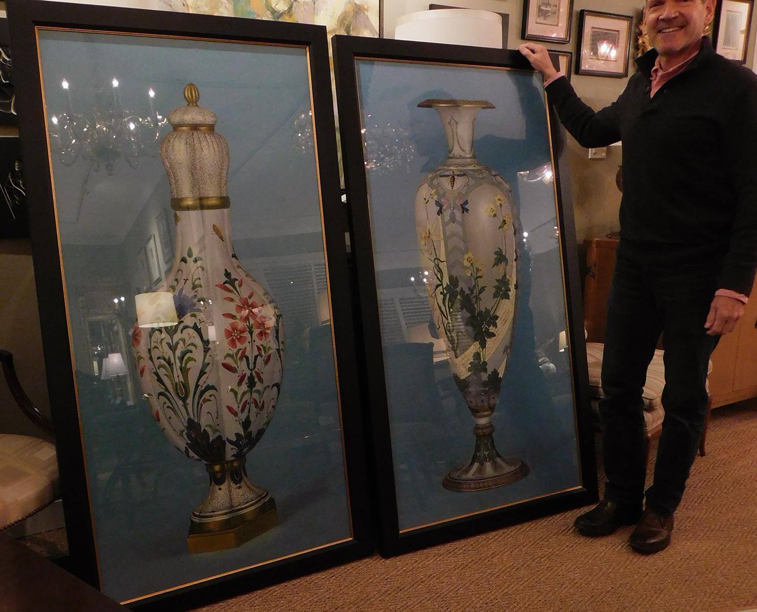 Each large well-rendered painting depicting Chinese vases finely detailed with colorful floral and foliate stems.