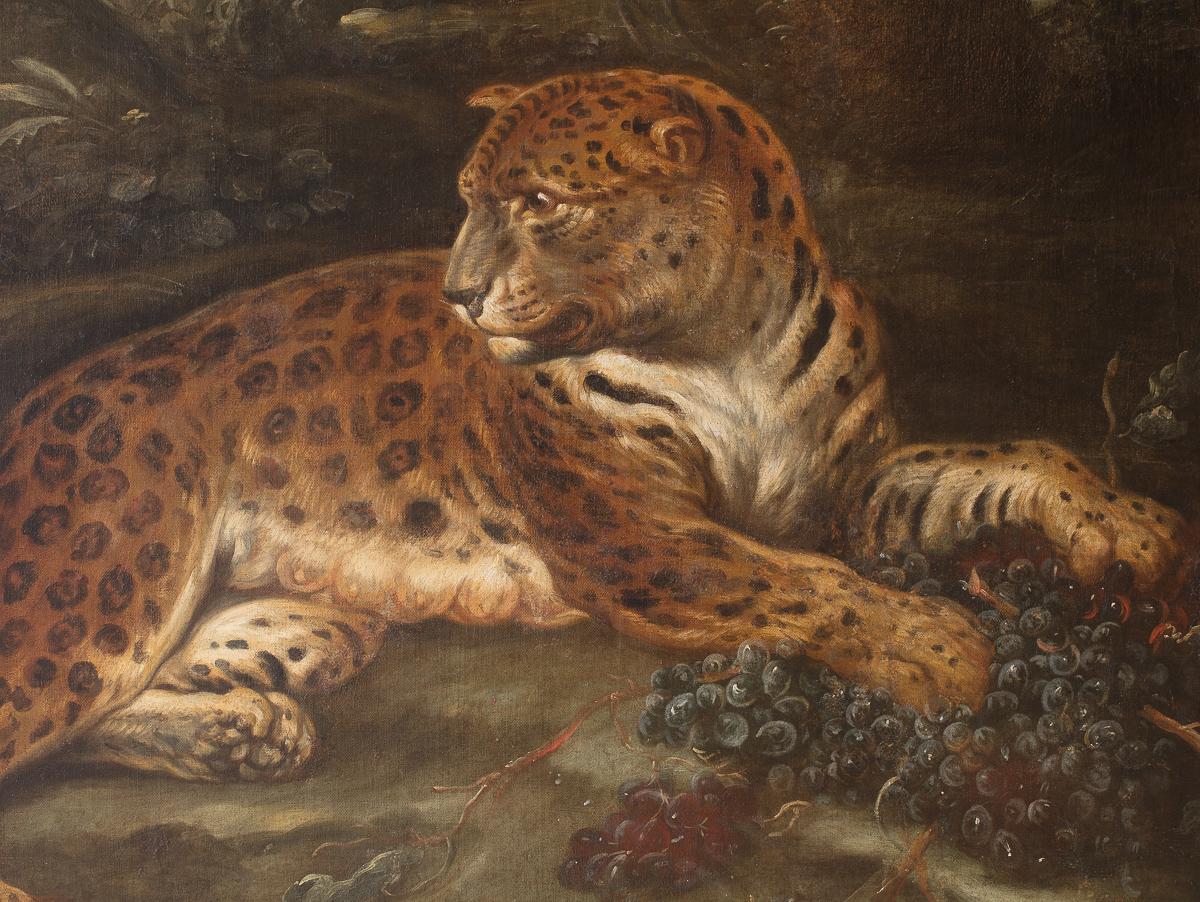 Inglese Olio su tela; Paesaggio di grandi dimensioni raffigurante leopardiana, leonessa, lupo e lepre in vendita