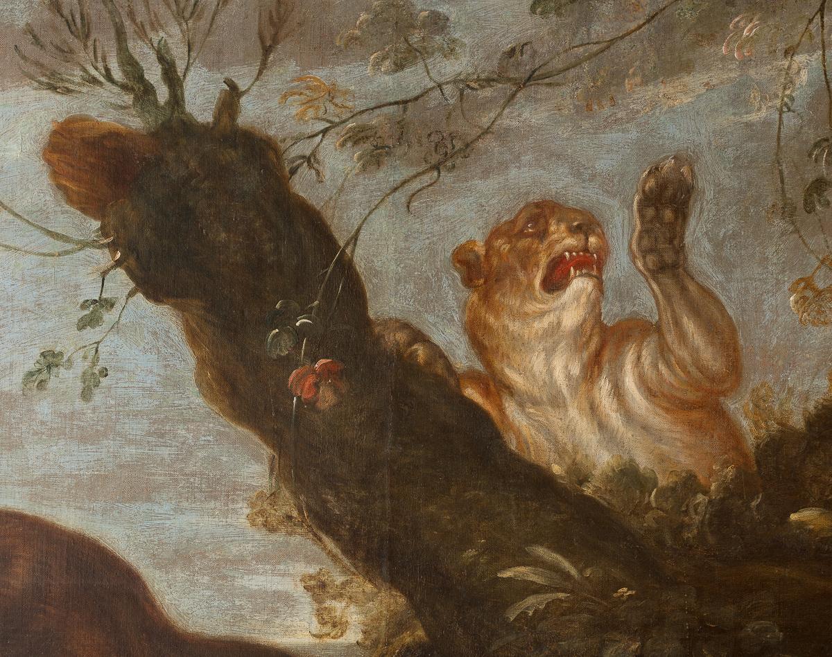 Dipinto Olio su tela; Paesaggio di grandi dimensioni raffigurante leopardiana, leonessa, lupo e lepre in vendita