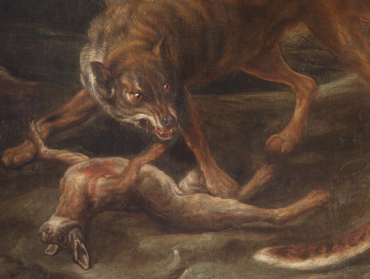 Olio su tela; Paesaggio di grandi dimensioni raffigurante leopardiana, leonessa, lupo e lepre In condizioni buone in vendita a London, GB