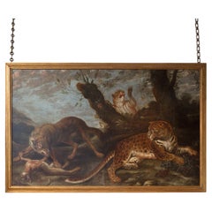 Huile sur toile, paysage à grande échelle représentant une léopard, une lionne, un loup et une moine