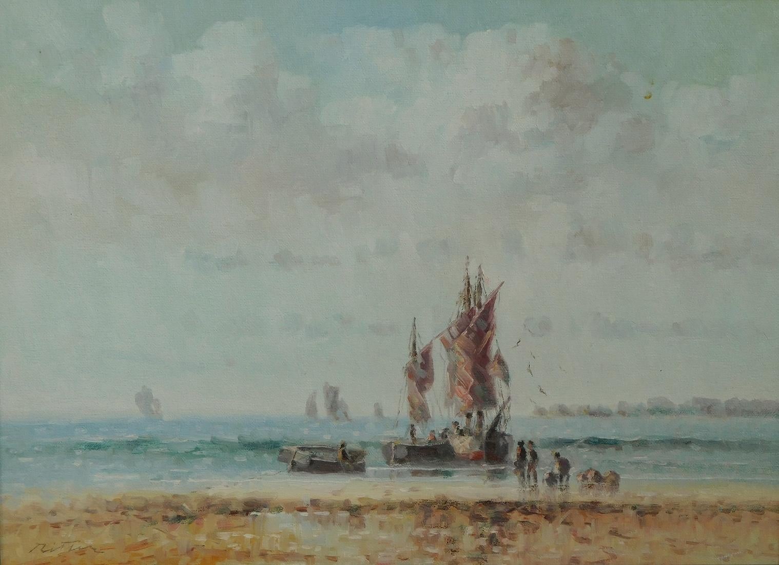 Late 20th Century Oil on Canvas Laszlo Ritter 'Hungary, 1937-2003' 3 Beach Scene Paintings For Sale