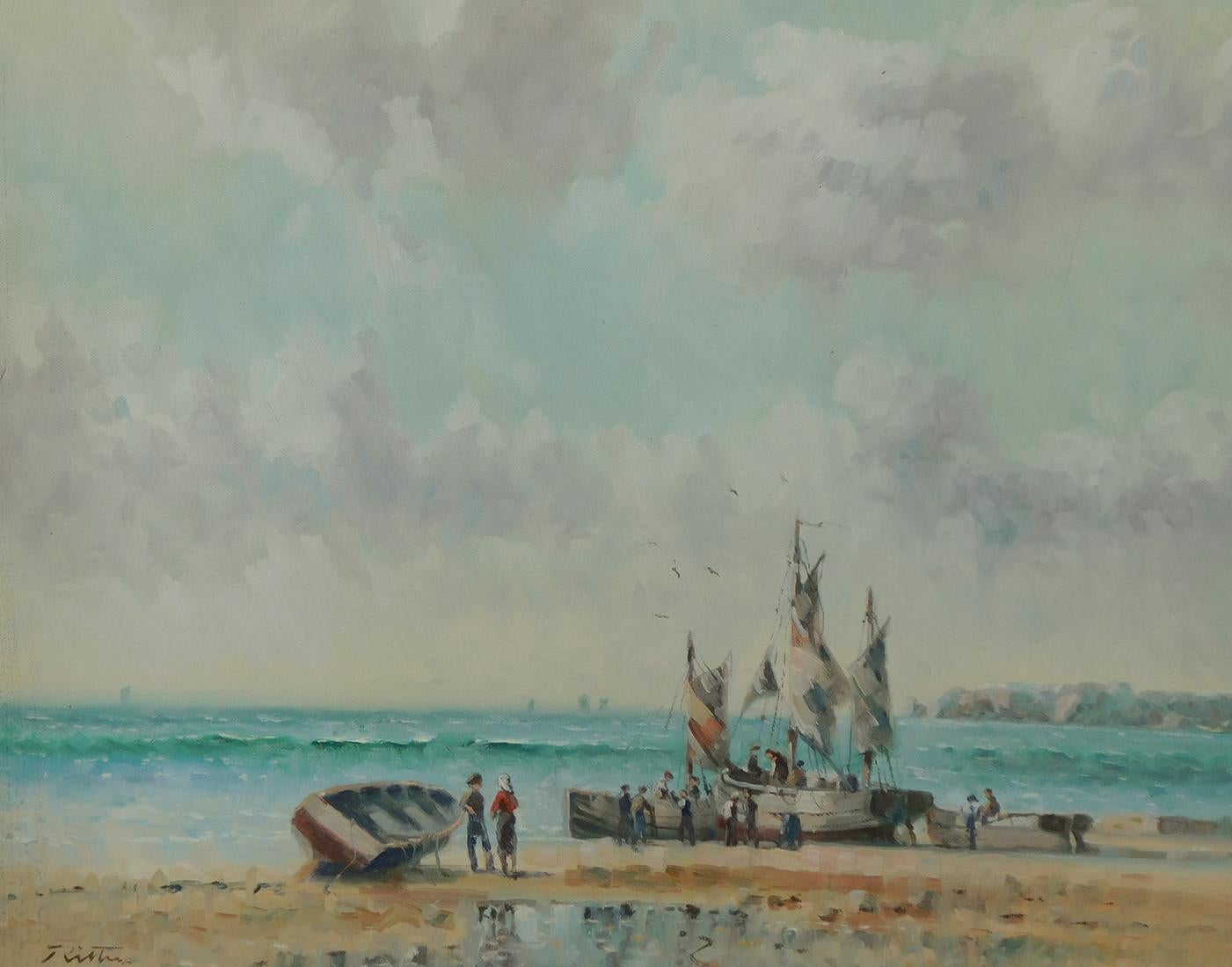 Öl auf Leinwand Laszlo Ritter „Ungarisch, 1937-2003“, 3 Gemälde mit Strandszenen (Ende des 20. Jahrhunderts) im Angebot