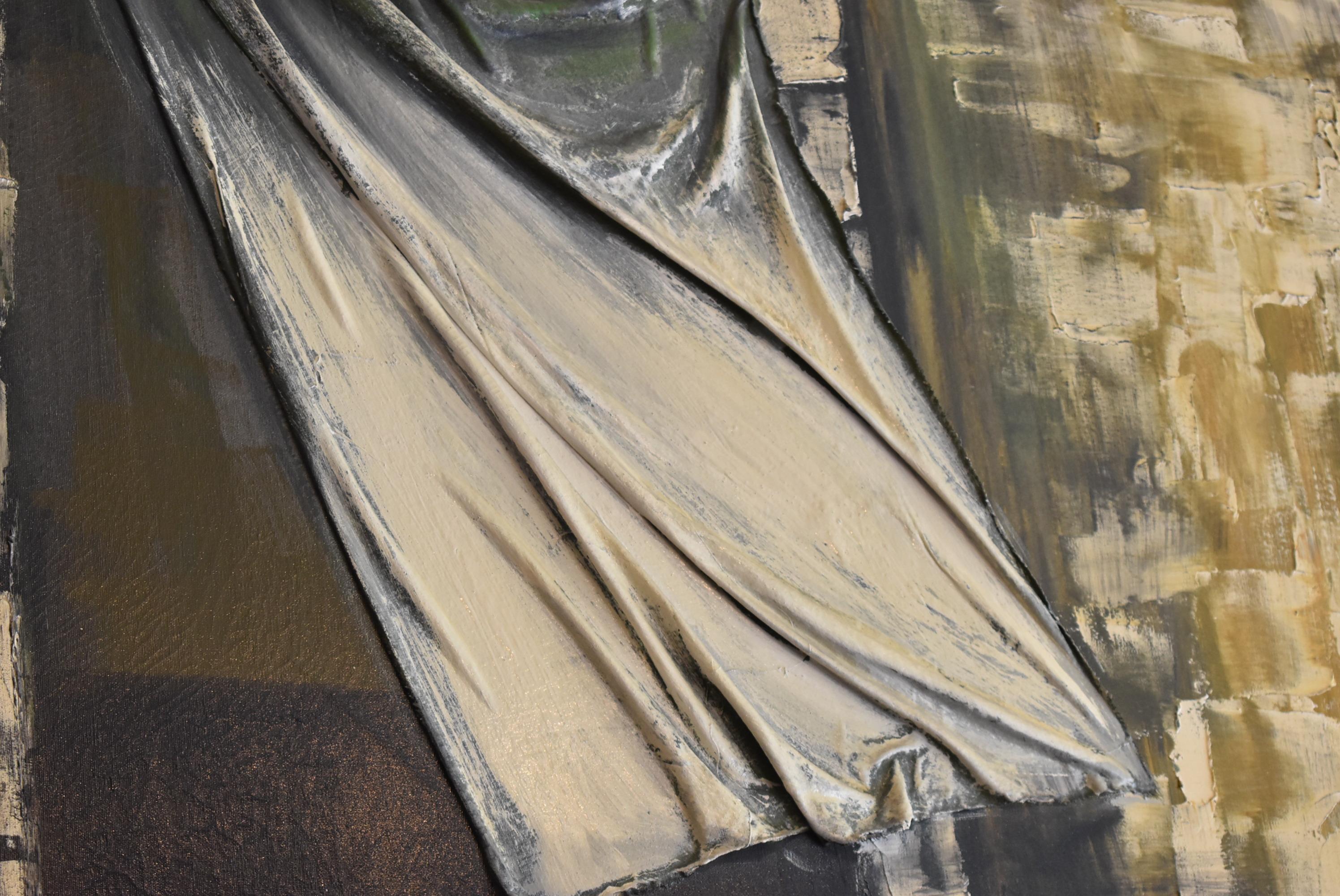 Huile originale sur toile de l'artiste impressionniste Lee Reynolds. Chat noir marchant sur le rebord d'une fenêtre d'une maison en pierre avec un rideau tridimensionnel soufflant. Léger craquelage général. La taille de l'image mesure 60.25