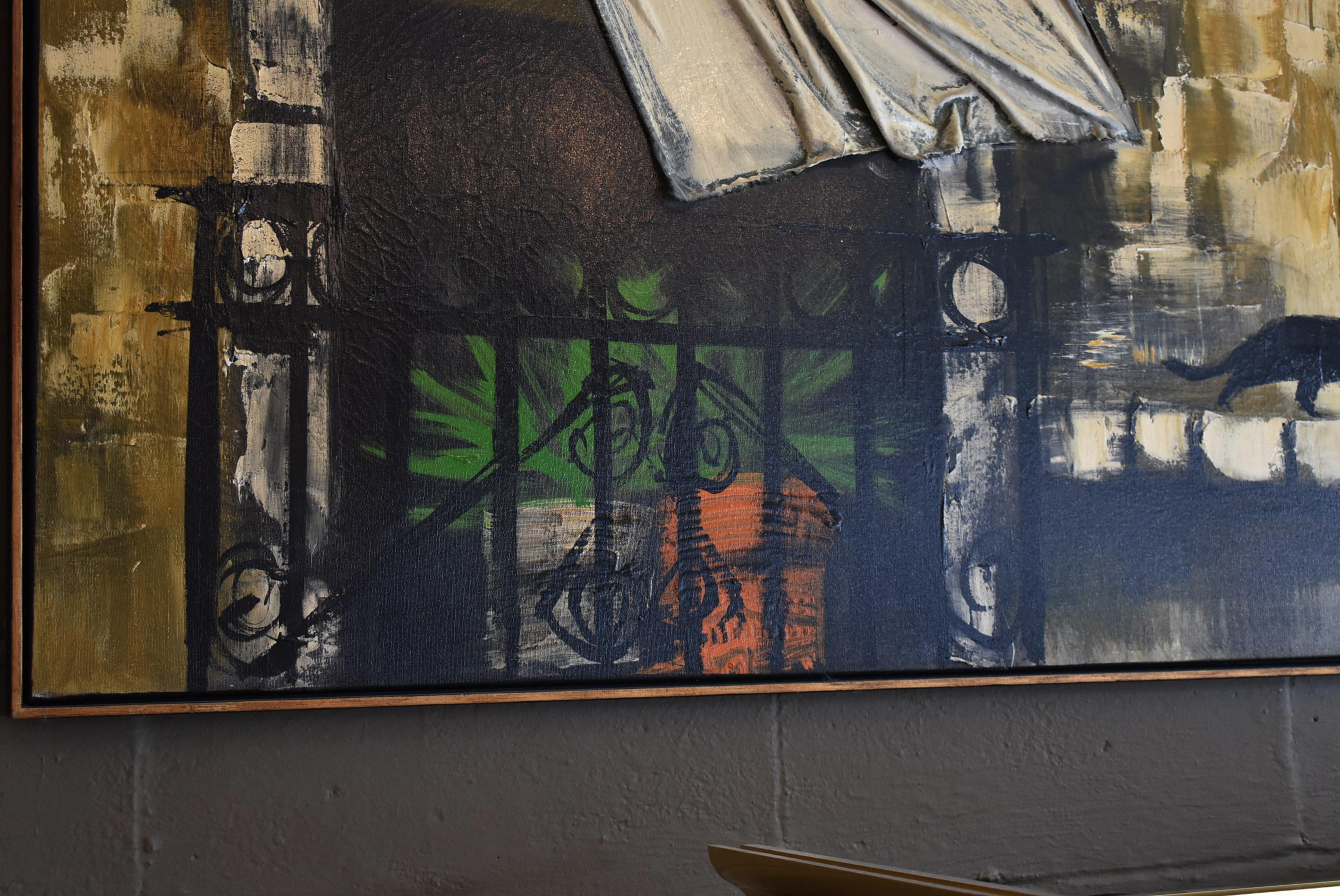 Moderne Huile sur toile - Rideau de rideau en 3D d'un chat noir impressionniste de Lee Reynolds en vente