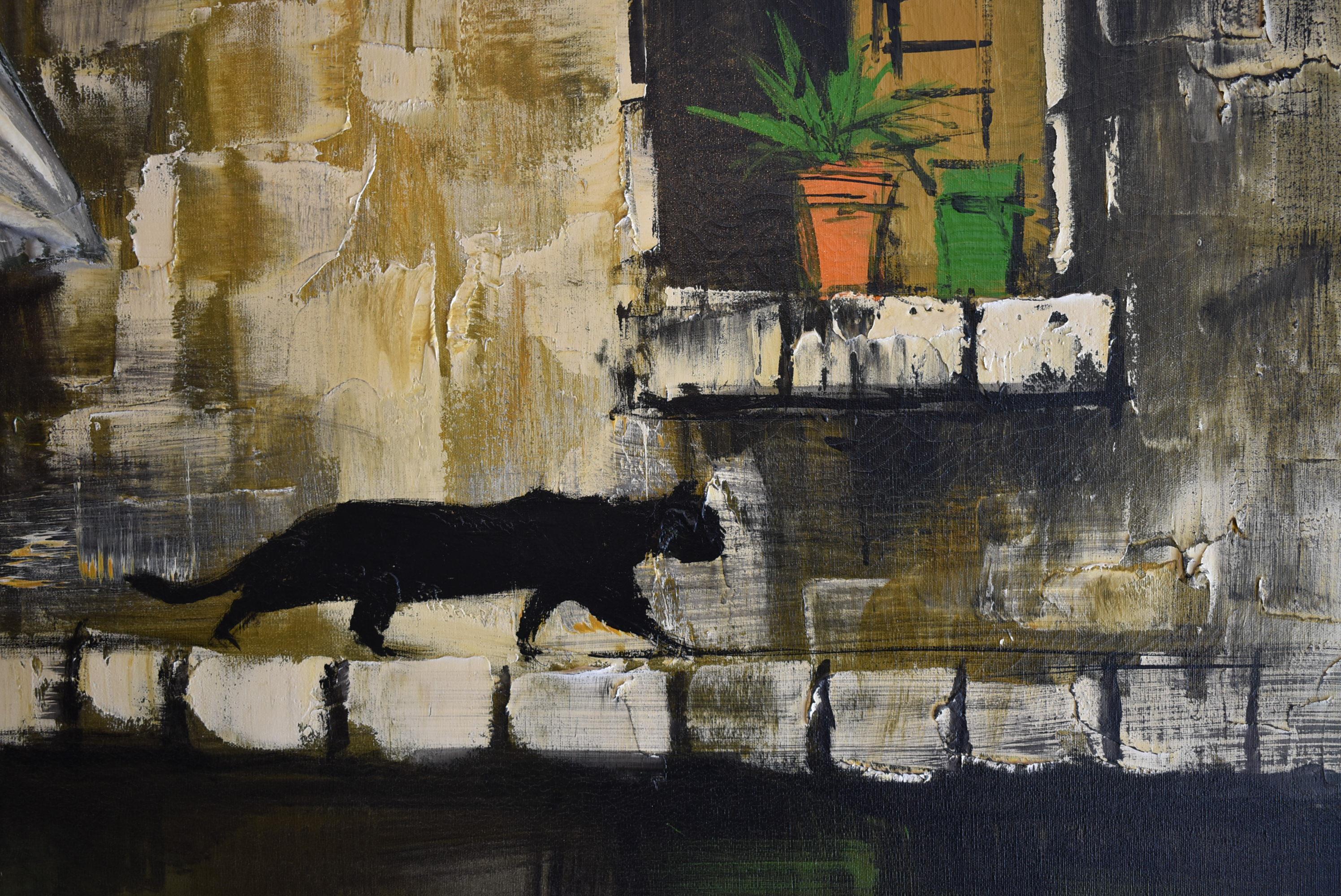 20ième siècle Huile sur toile - Rideau de rideau en 3D d'un chat noir impressionniste de Lee Reynolds en vente