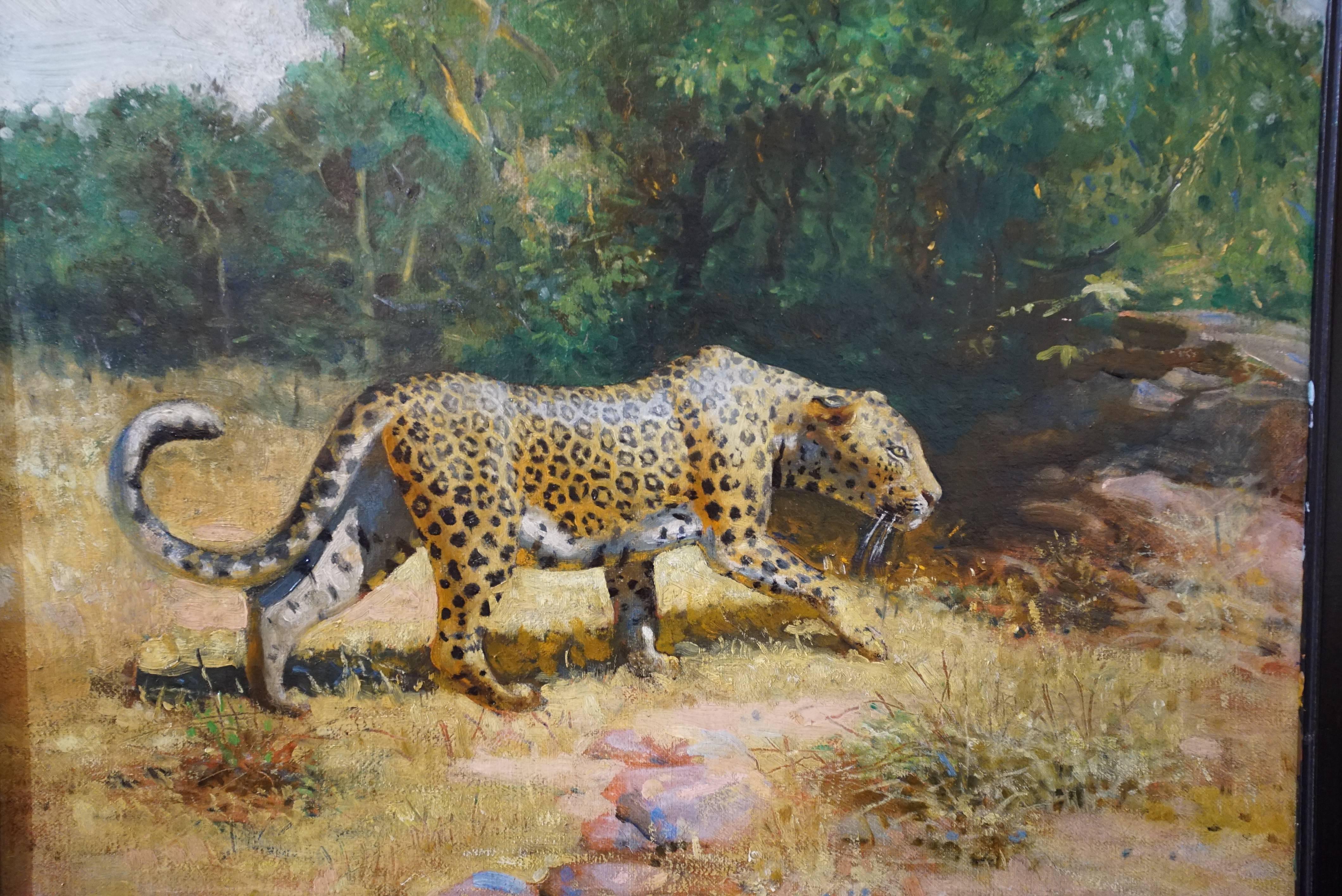 An oil on canvas of a leopard on the prowl. 

Bottom left - G.H. from J.T.C. Jr
Bottom right - 1926

The stretcher stamped 