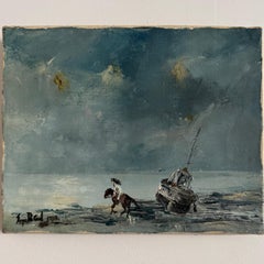 Oil on Canvas “Les Crinières” by Serge Doceul, Horseman with Boat, 1988