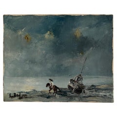 Oil on Canvas “Les Crinières” by Serge Doceul, Horseman with Boat, 1988