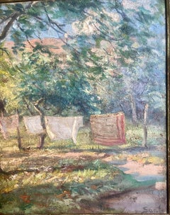 Oil on Canvas "Linens on Line in the Sun" Signed Erik Sääf No 1910 Sweden