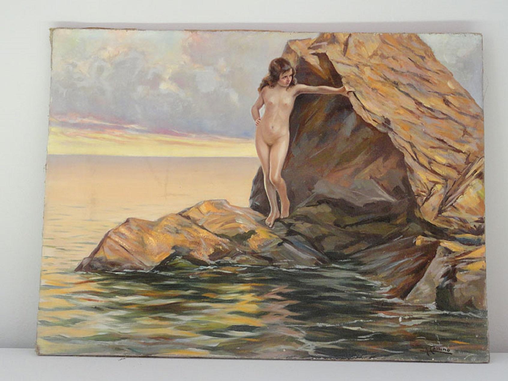 Öl auf Leinwand, auf einen festen Rahmen montiert. Maiden on the rocks. Autor Hill. Piemonteser Maler, Anfang des 20. Jahrhunderts. Anklänge an den Divisionismus 