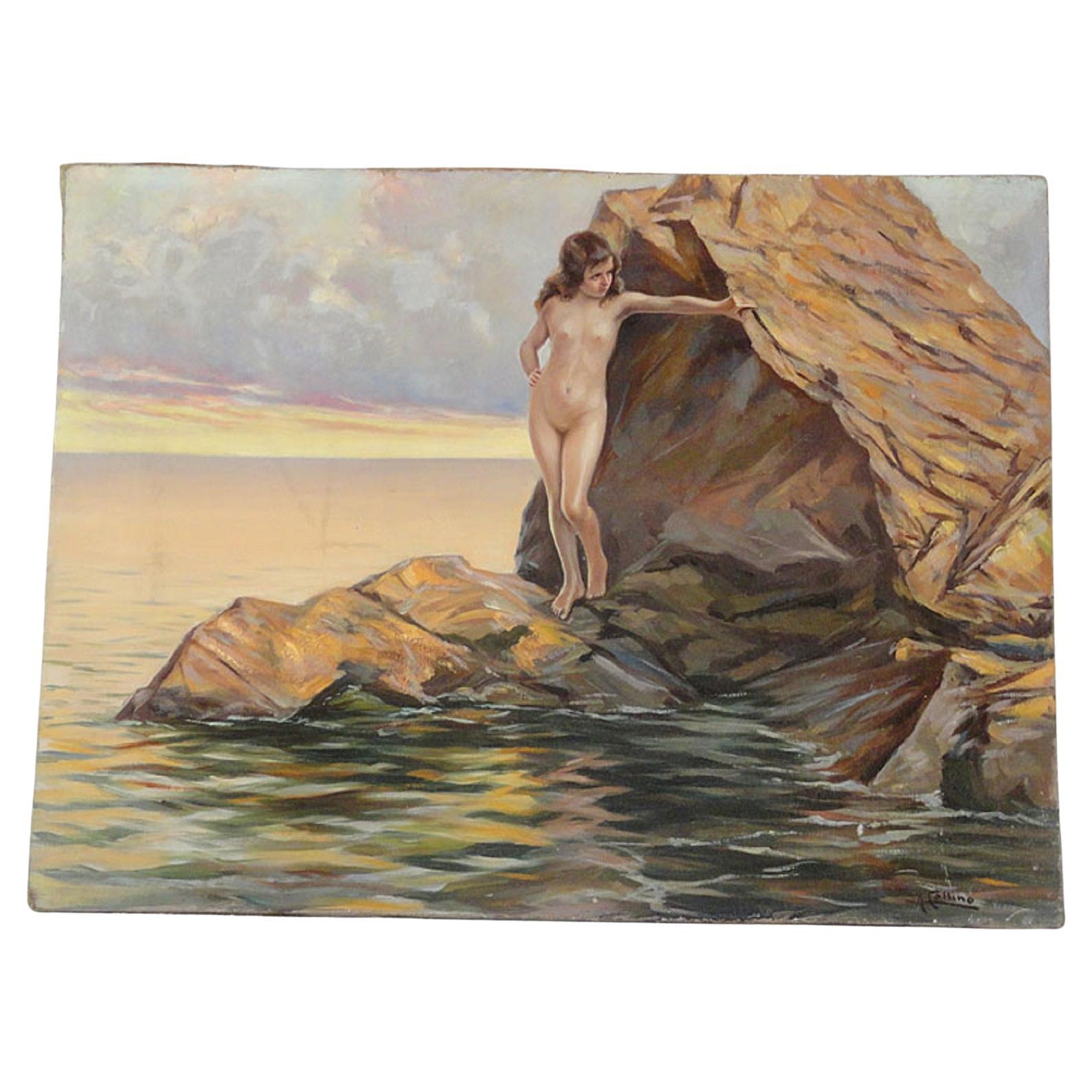 Oil on canvas Maiden on the rocks by Collina, 1930s