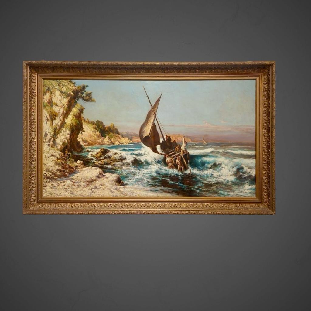 Wir präsentieren Ihnen ein großes maritimes Gemälde des französischen Künstlers Jules Izier, der in Paris geboren wurde und Ende des 19. und Anfang des 20. Jahrhunderts tätig war. Izier, der für seine Landschaftsdarstellungen von der französischen