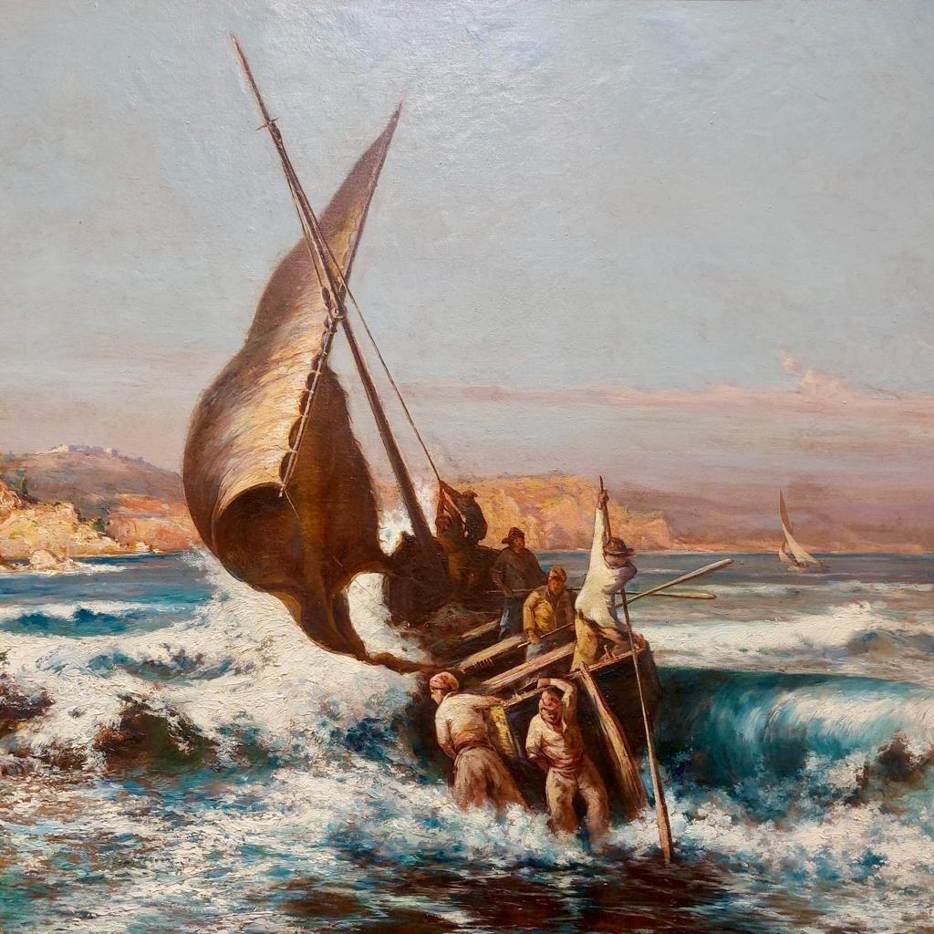 Oiled Oil-on-Canvas Marine Painting by French Painter Jules Izier  For Sale