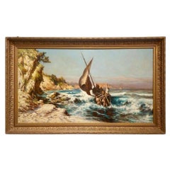 Antique Oil-on-Canvas Marine Painting by French Painter Jules Izier 
