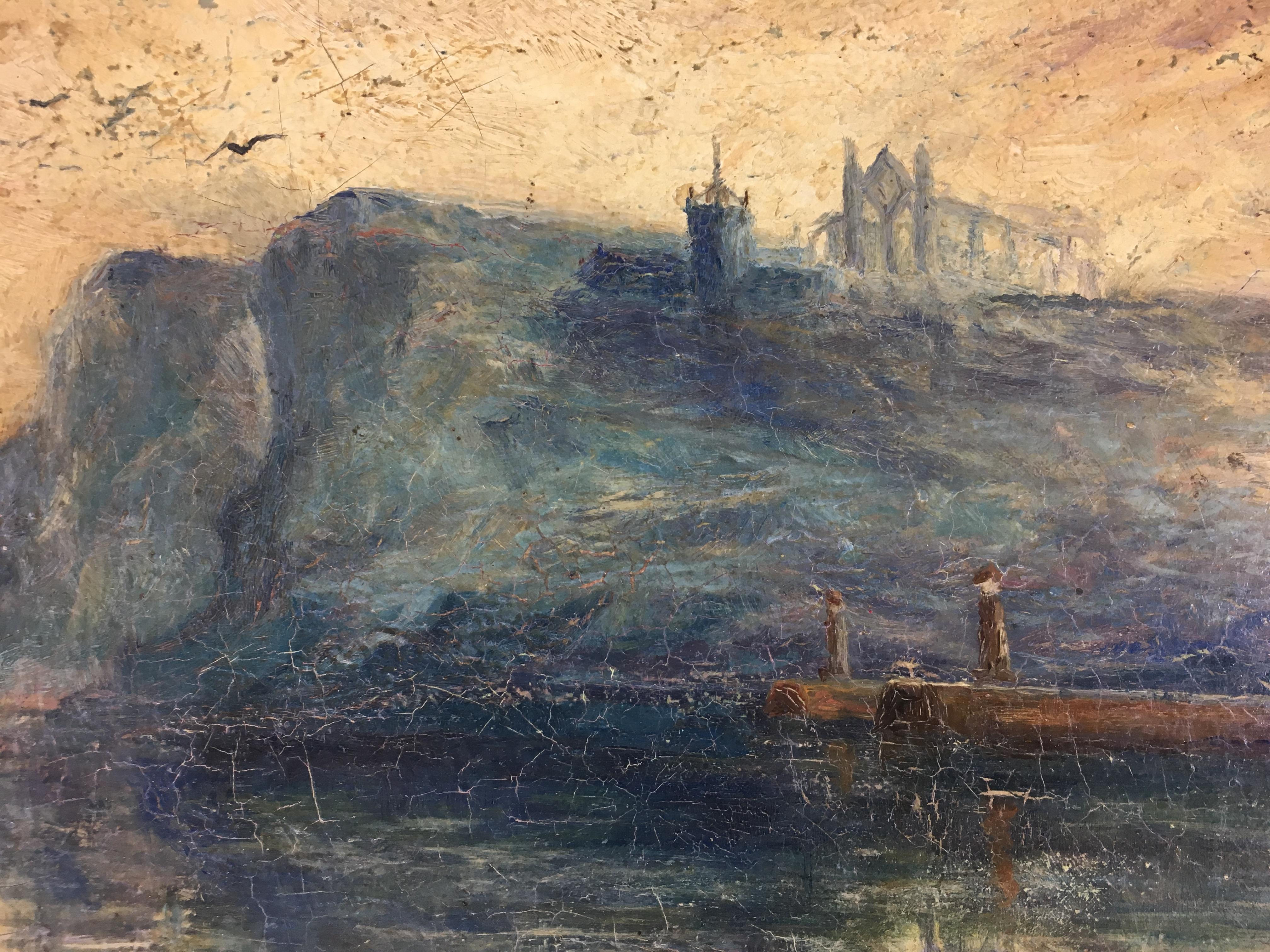 A beautiful seascape painting signed T. Thomas or J. Thomas.
The details of this work of art are strikingly beautiful, look closely the castle on the hill in the background, birds in flight, sailboats on the water are captivating. 

The scene is