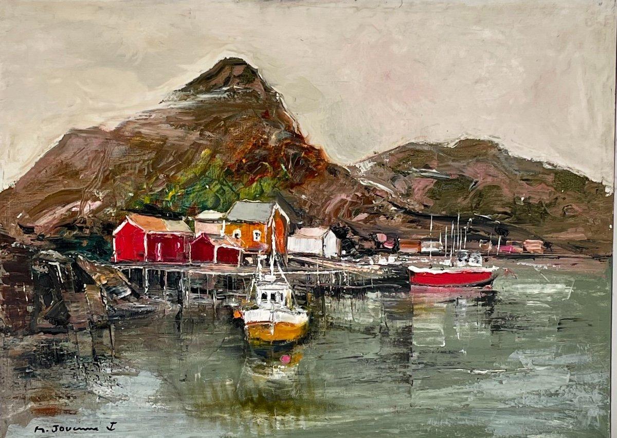 Huile sur toile - Michel Jouenne - Cabins At The Foot Of The Mountain -Norway 1994 en vente 4
