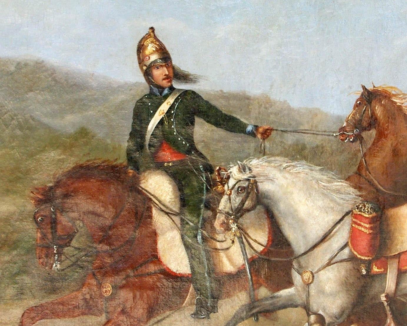 Oil on canvas representing a military subject figuring an officer rider on its horse at full gallop, holding two horses which one passes over a down horse. They are shoot by on foot soldiers, on the right of the painting. The scene happens in a