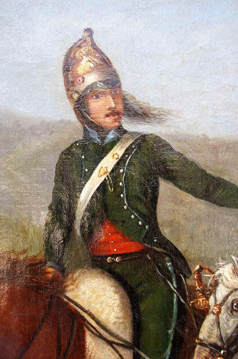 French Oil on Canvas, Military Rider During a Battle, circa 1840