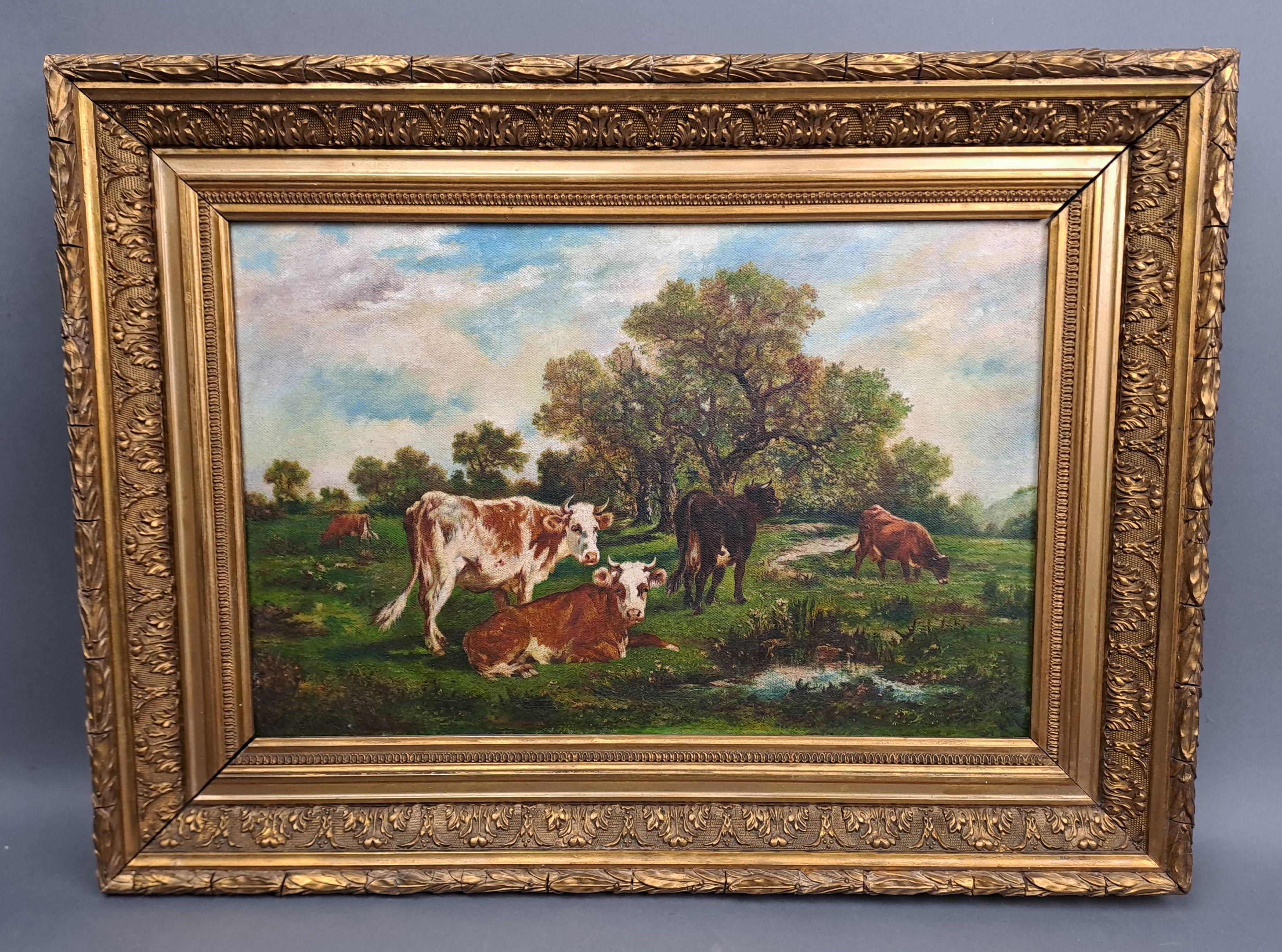 Olio su tela raffigurante un paesaggio di campagna con una mandria di mucche normanne.

Firmato Collignon, fine del XIX secolo, nella sua cornice originale in legno e stucco dorato.
Ottime condizioni

Dimensioni: Telaio: 55 cm X 41 cm Telaio: 41 cm