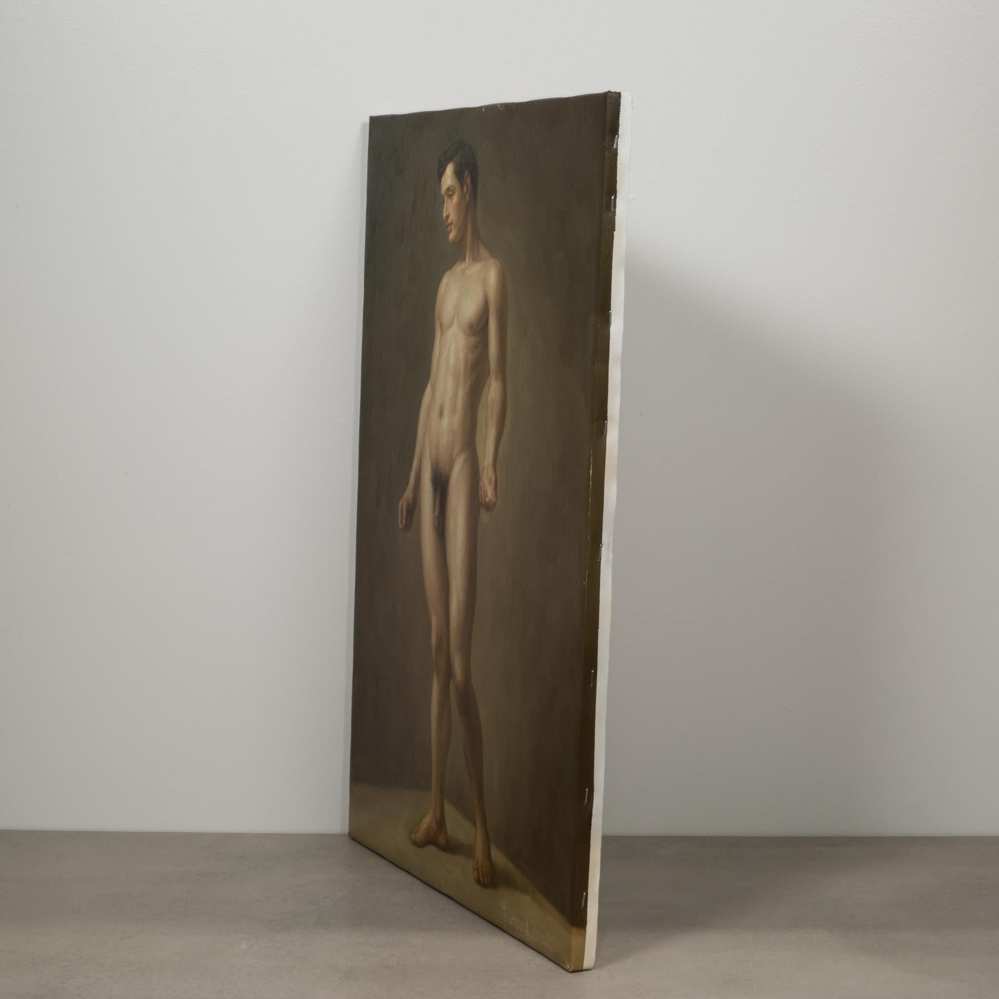 About
This is an original oil portrait on canvas of a nude male figure by Richard Biset, USA 1980. It presents a modern take on a classic figurative style. There is a careful balance of color, lighting and mood. The subject is youthful and