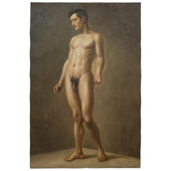 Oil on Canvas Nude Portrait of Standing Male by Richard Biset, circa 1980