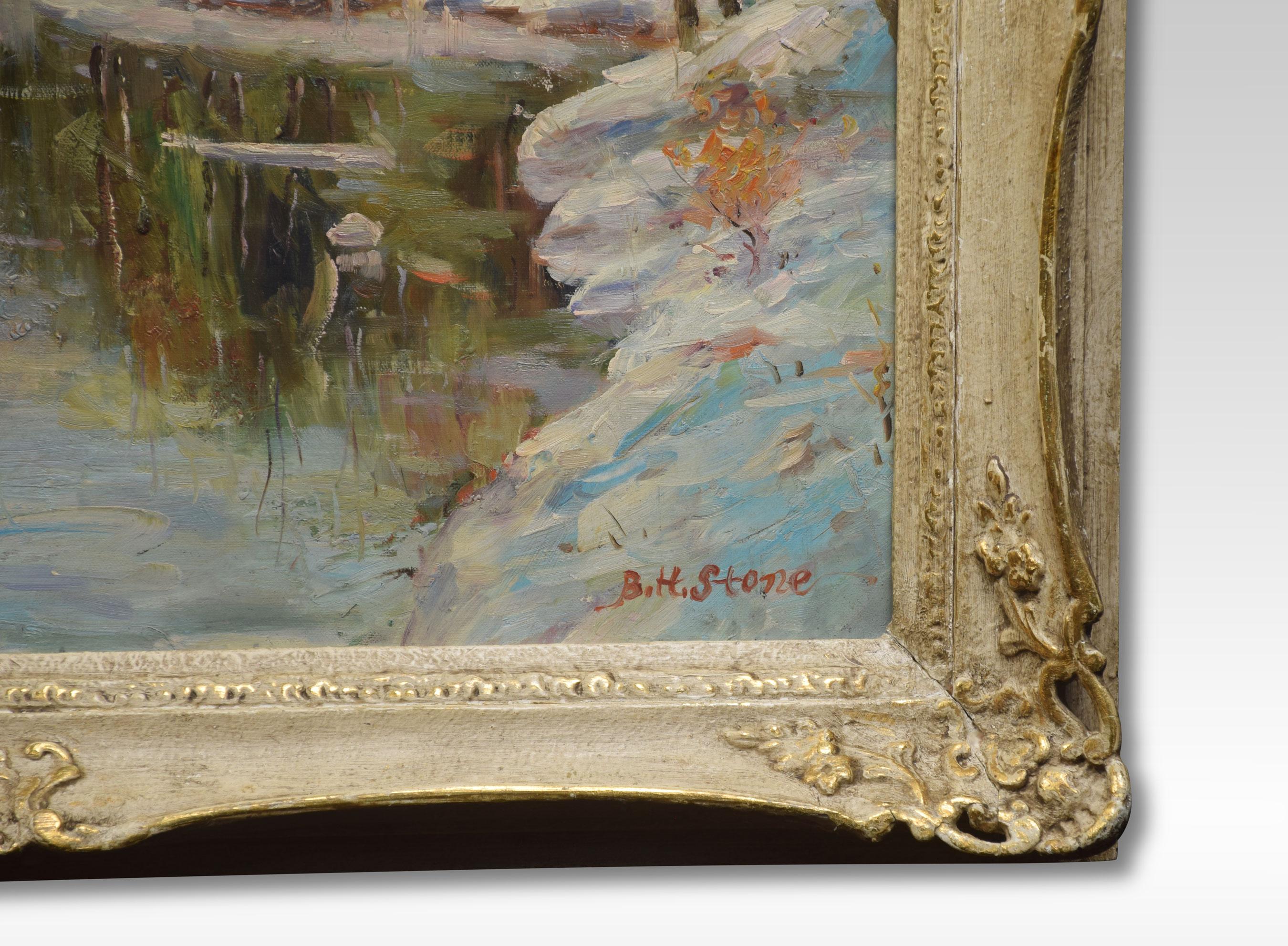 Oil on canvas signed B H Stone. Depicting a Canadian winter landscape encased in a carved frame.
Dimensions
Height 25 inches
Width 29.5 inches
Depth 3.5 inches.
