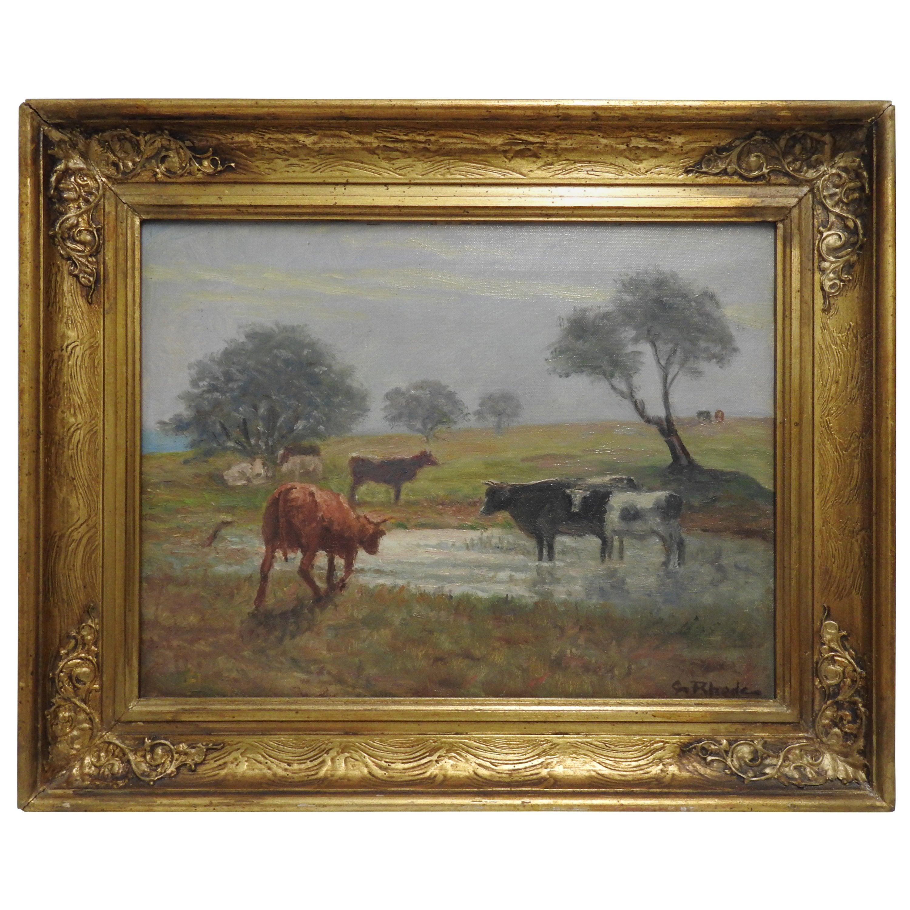 This is lovely oil on canvas of a country landscape. The work depicts a group of cows grazing in a field with a pond. This piece appears to be signed “G Rhede” on lower right of the canvas, but an accurate artist attribution could not be made for