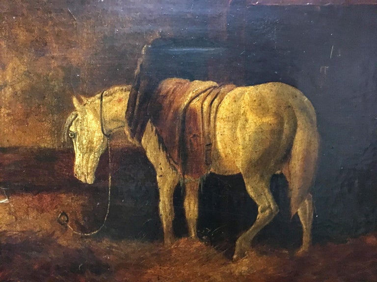 Beautiful continental oil on canvas of a horse in a stable with ineligible signature In carved giltwood frame.
Late 19th-early 20th century.
Dimensions:
Canvas H. 12