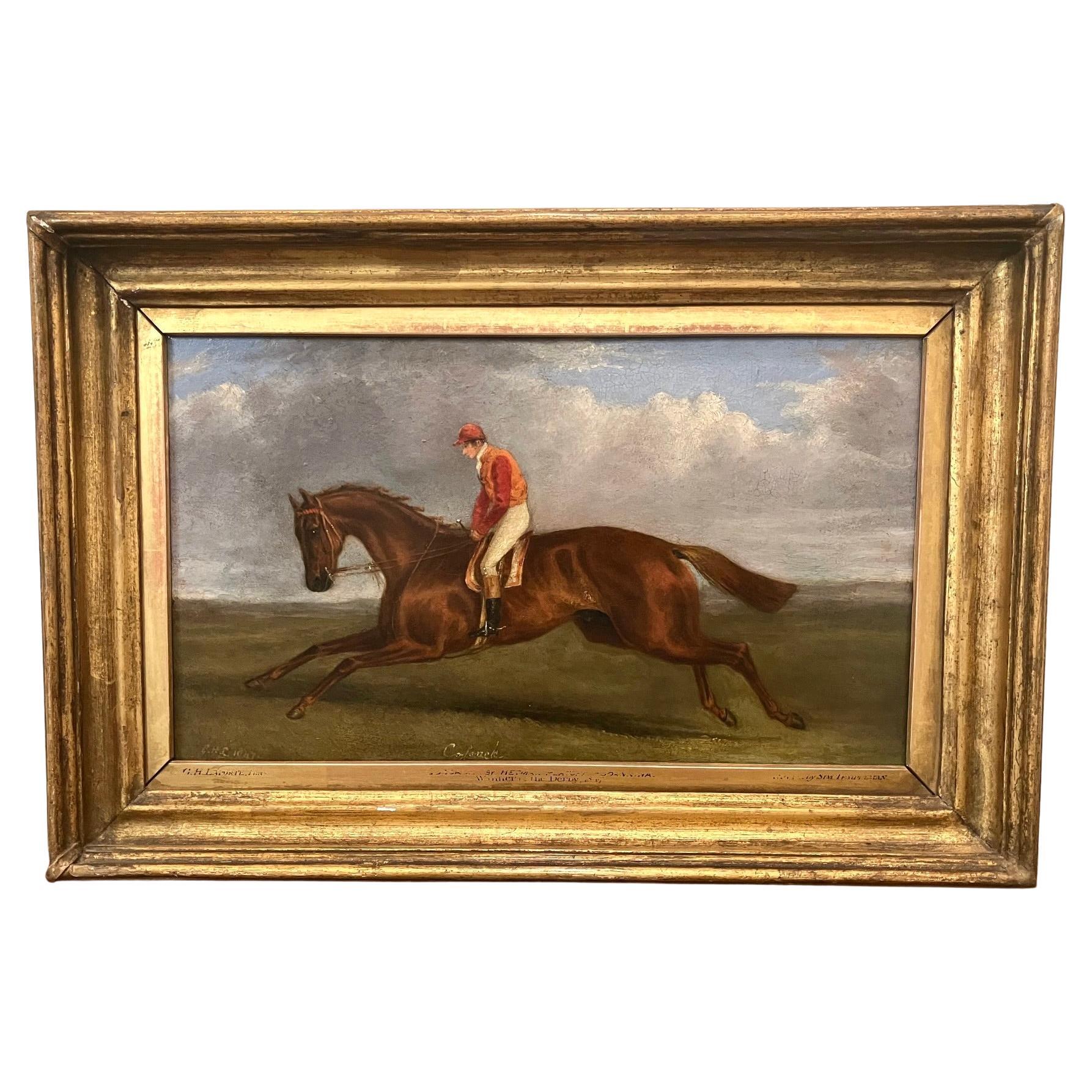 An oil on wood panel by the equestrian artist George Henry LaPorte (English 1799-1873) monogrammed is script GHL lower left, dated 1847. Laporte was the son of noted English watercolorist John Laporte who was his teacher. Laporte was a founding