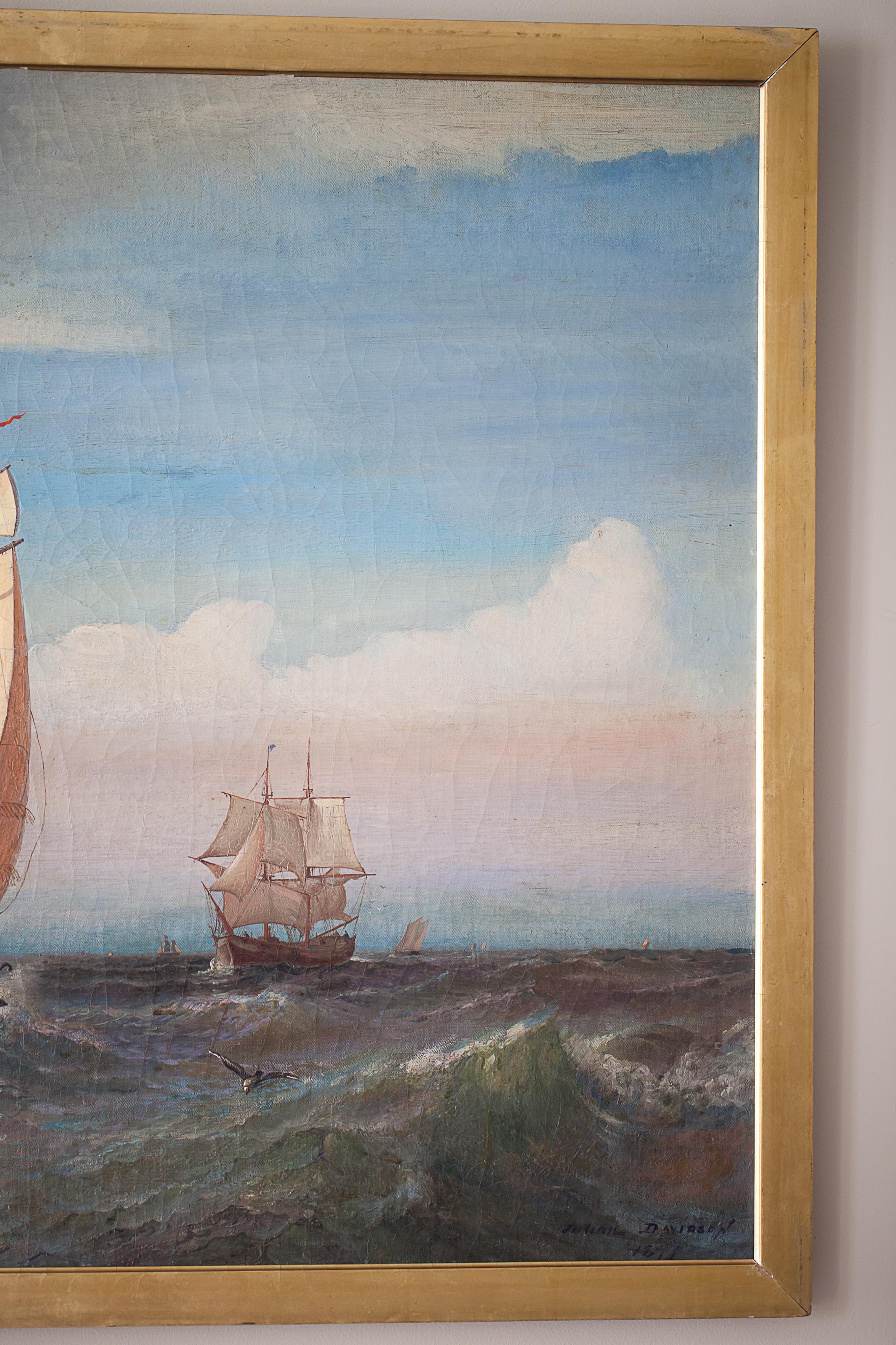 Oil on Canvas of a Regatta on a Choppy Sea, Julian O. Davidson, Dated 1877 For Sale 5