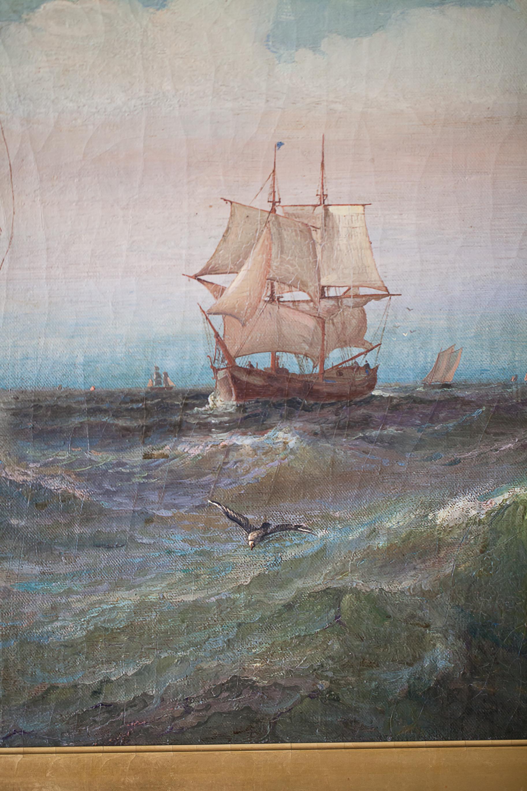 19th Century Oil on Canvas of a Regatta on a Choppy Sea, Julian O. Davidson, Dated 1877 For Sale