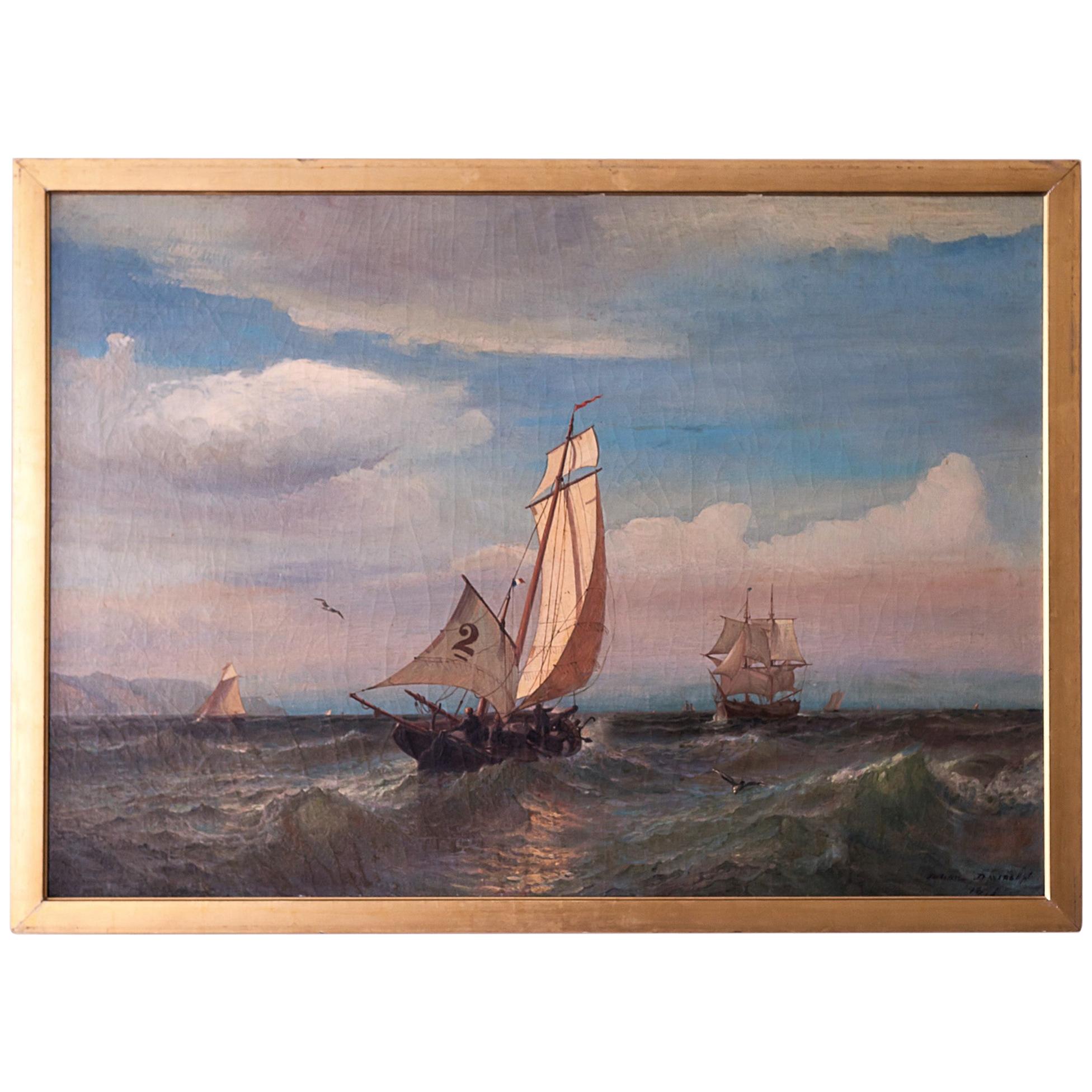 Oil on Canvas of a Regatta on a Choppy Sea, Julian O. Davidson, Dated 1877 For Sale