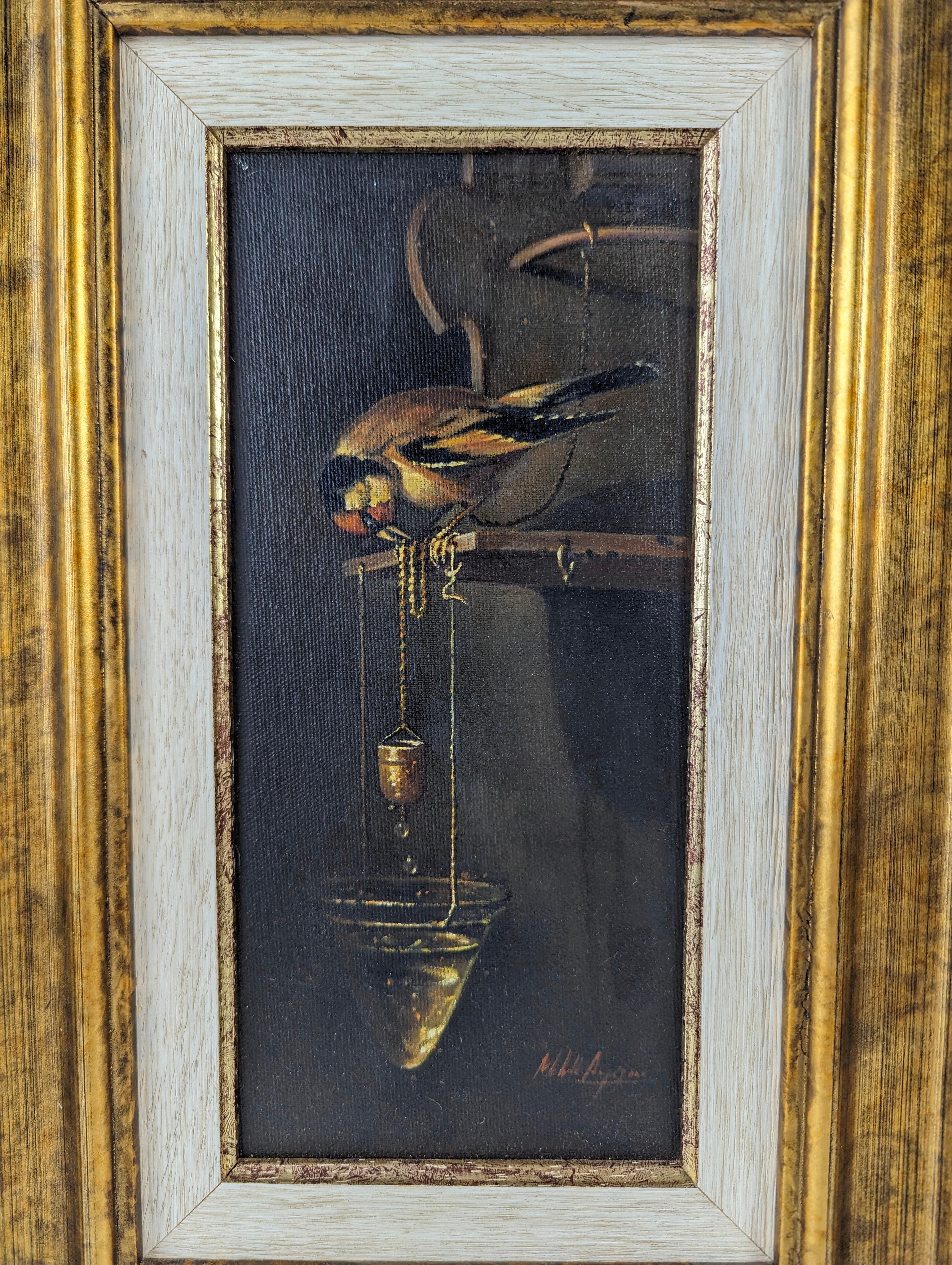 European Oil on canvas of a tanager bird and water, signed For Sale
