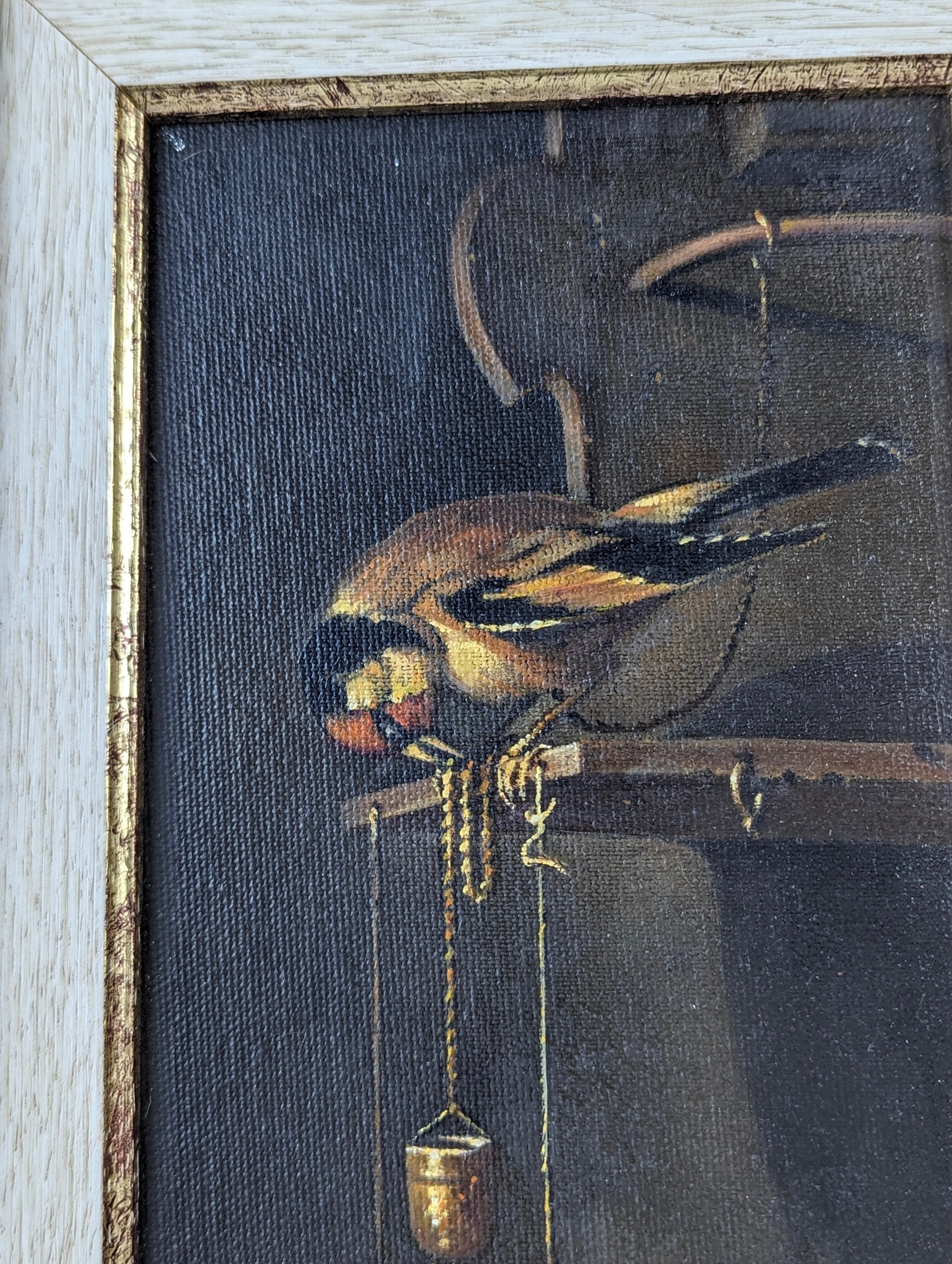 Canvas Oil on canvas of a tanager bird and water, signed For Sale