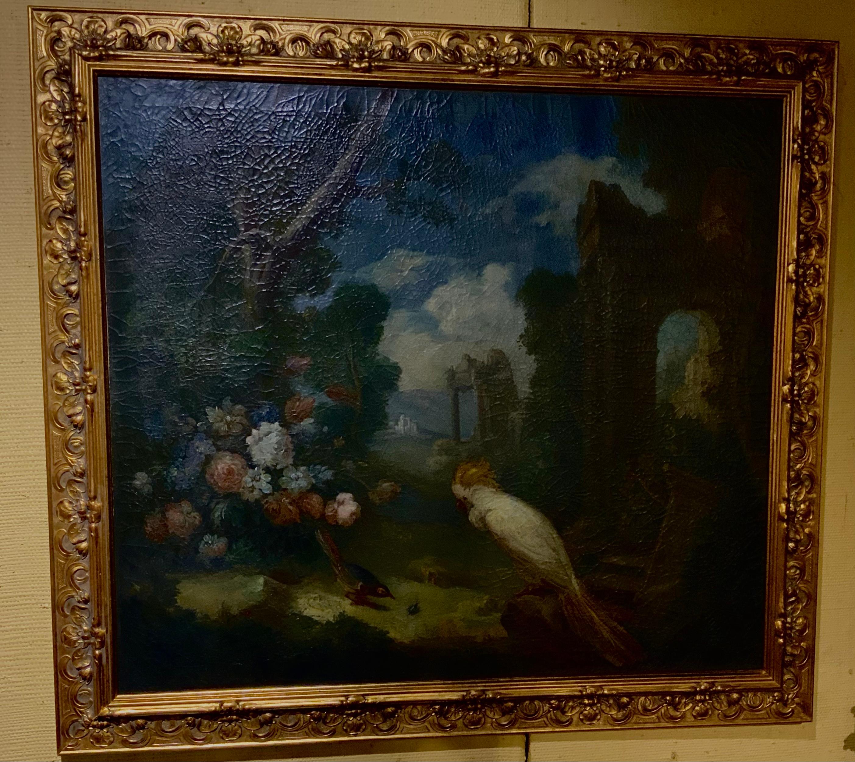 Italian Oil on Canvas of a White Cockatoo with Flowers in Gilt Frame, 19th Century For Sale