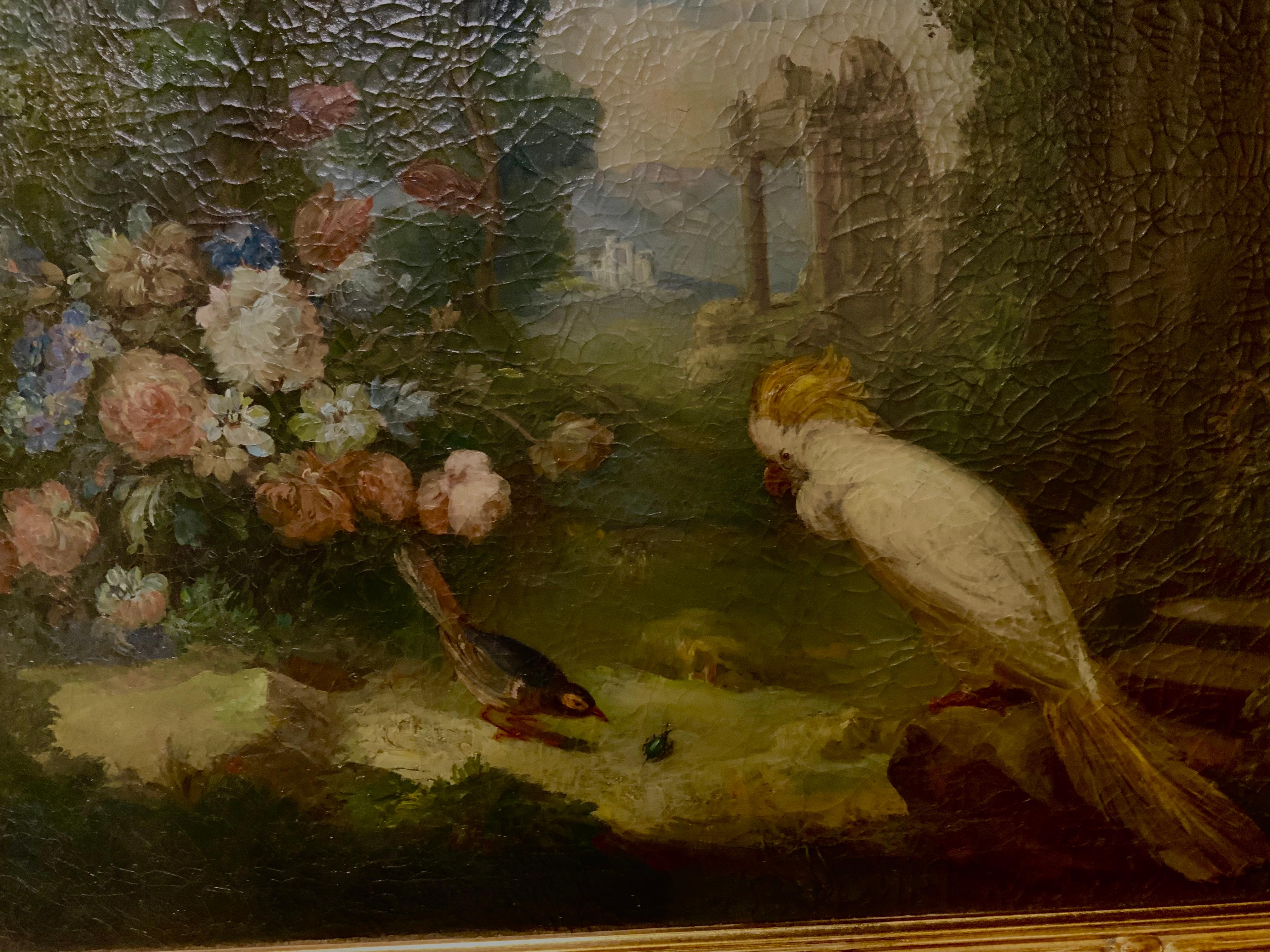 Hand-Painted Oil on Canvas of a White Cockatoo with Flowers in Gilt Frame, 19th Century For Sale