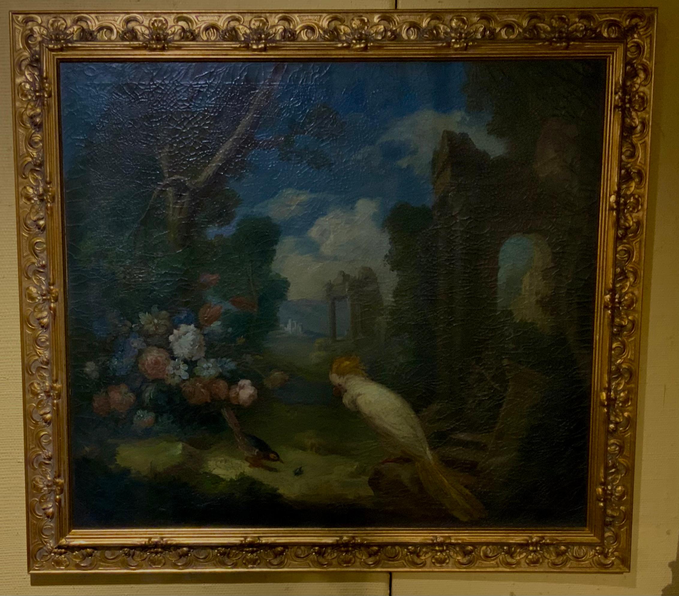 Oil on Canvas of a White Cockatoo with Flowers in Gilt Frame, 19th Century In Good Condition For Sale In Houston, TX