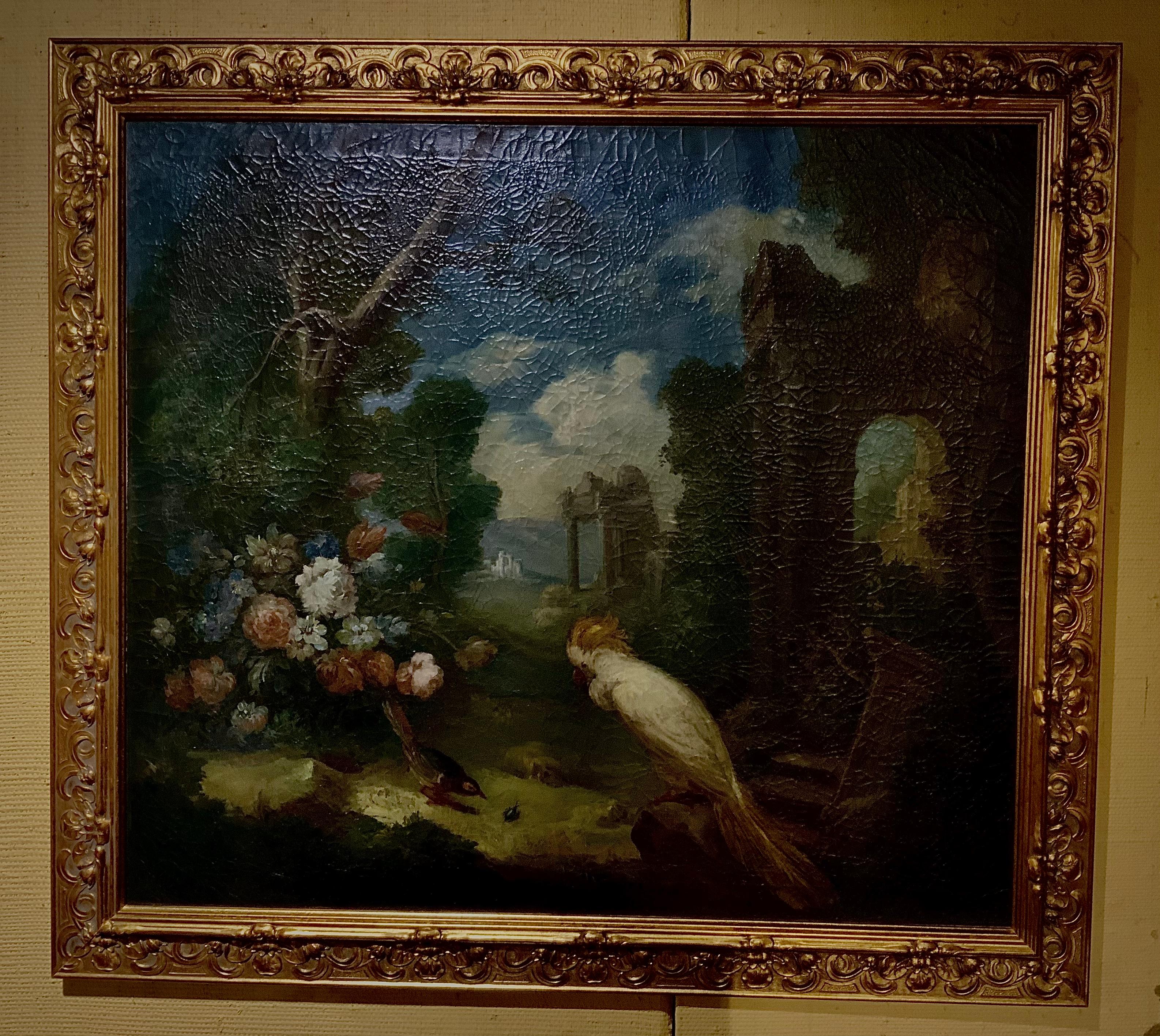 Oil on Canvas of a White Cockatoo with Flowers in Gilt Frame, 19th Century For Sale 1