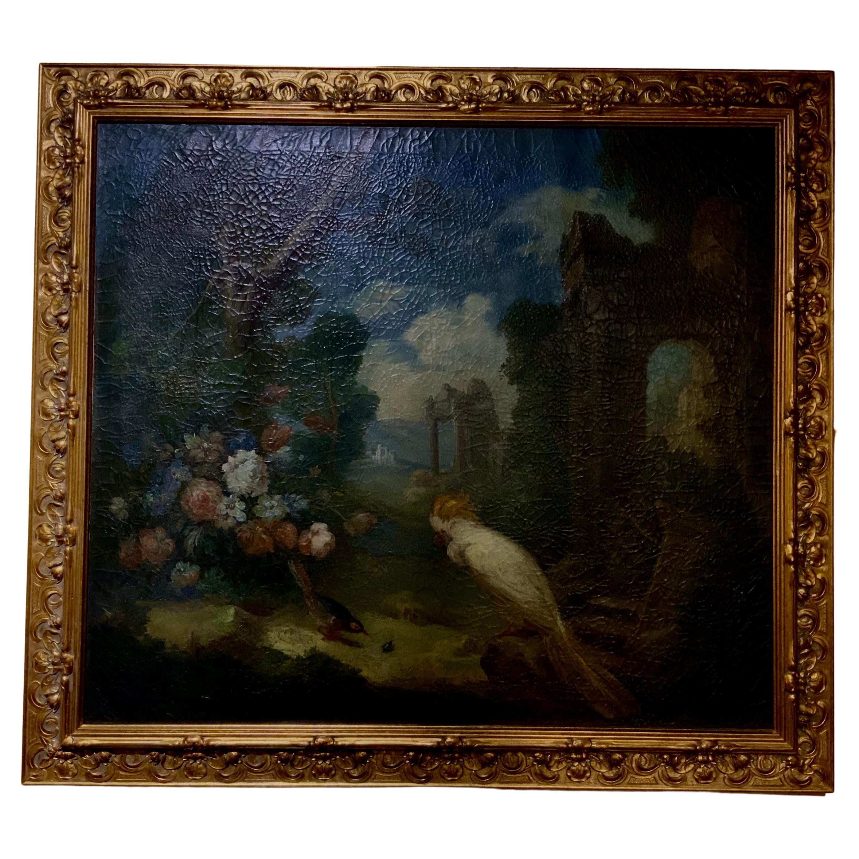 Oil on Canvas of a White Cockatoo with Flowers in Gilt Frame, 19th Century