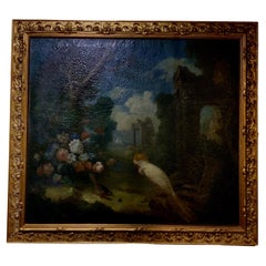 Antique Oil on Canvas of a White Cockatoo with Flowers in Gilt Frame, 19th Century