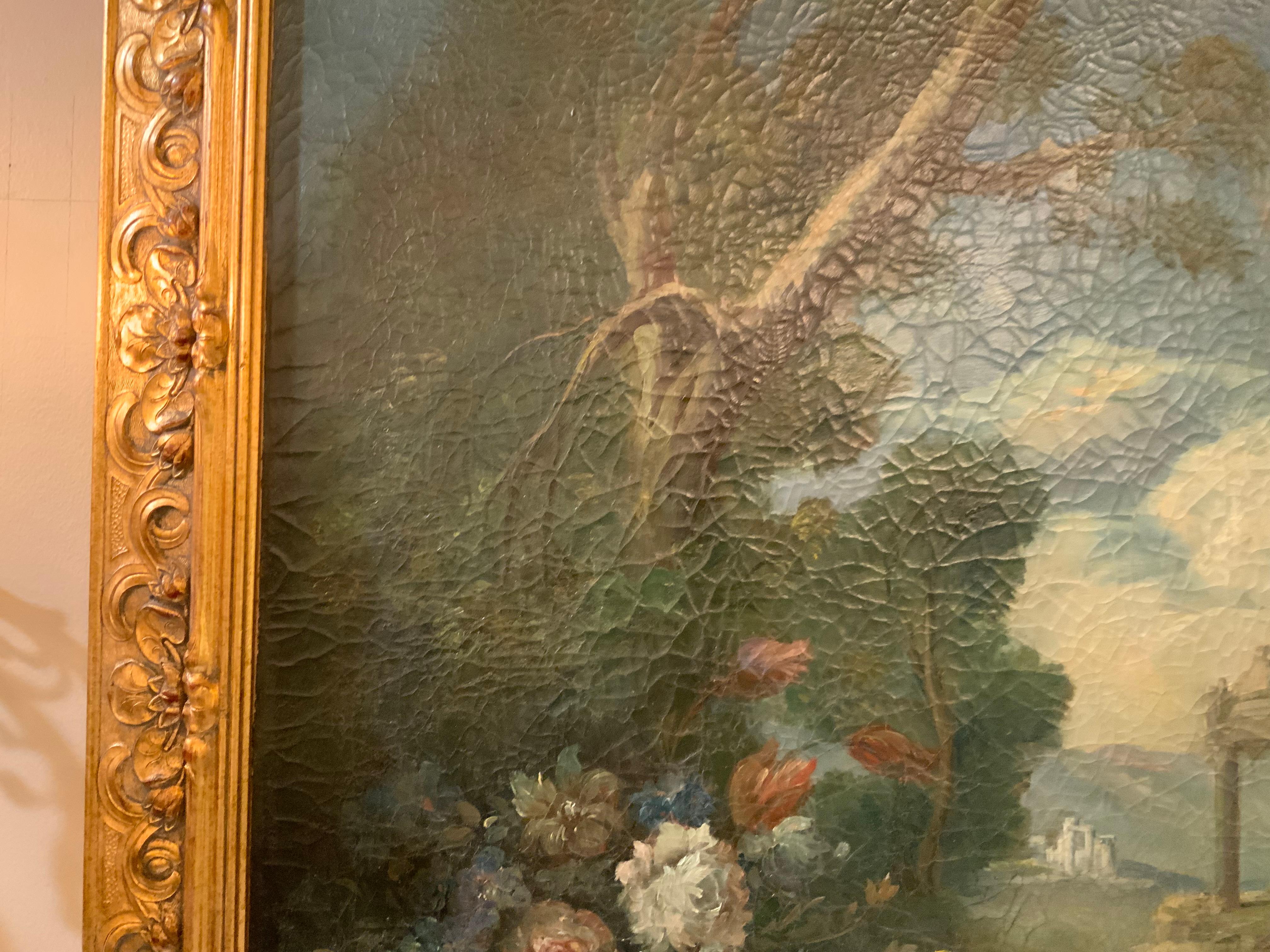 Ölgemälde auf Leinwand eines weißen Kockatoo mit Blumen in vergoldetem Rahmen, 19. Jahrhundert (Italienisch) im Angebot