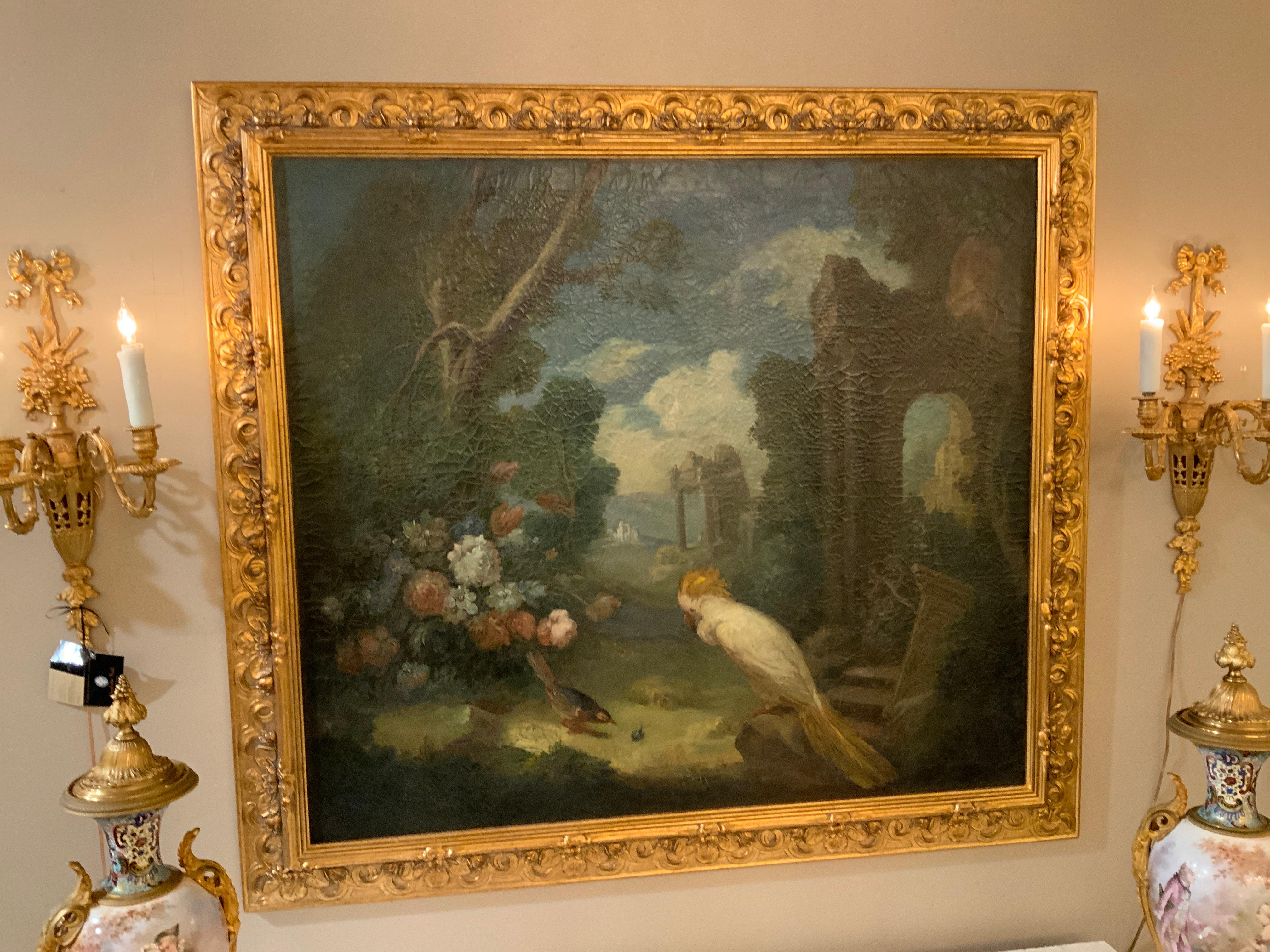 Ölgemälde auf Leinwand eines weißen Kockatoo mit Blumen in vergoldetem Rahmen, 19. Jahrhundert im Zustand „Gut“ im Angebot in Houston, TX