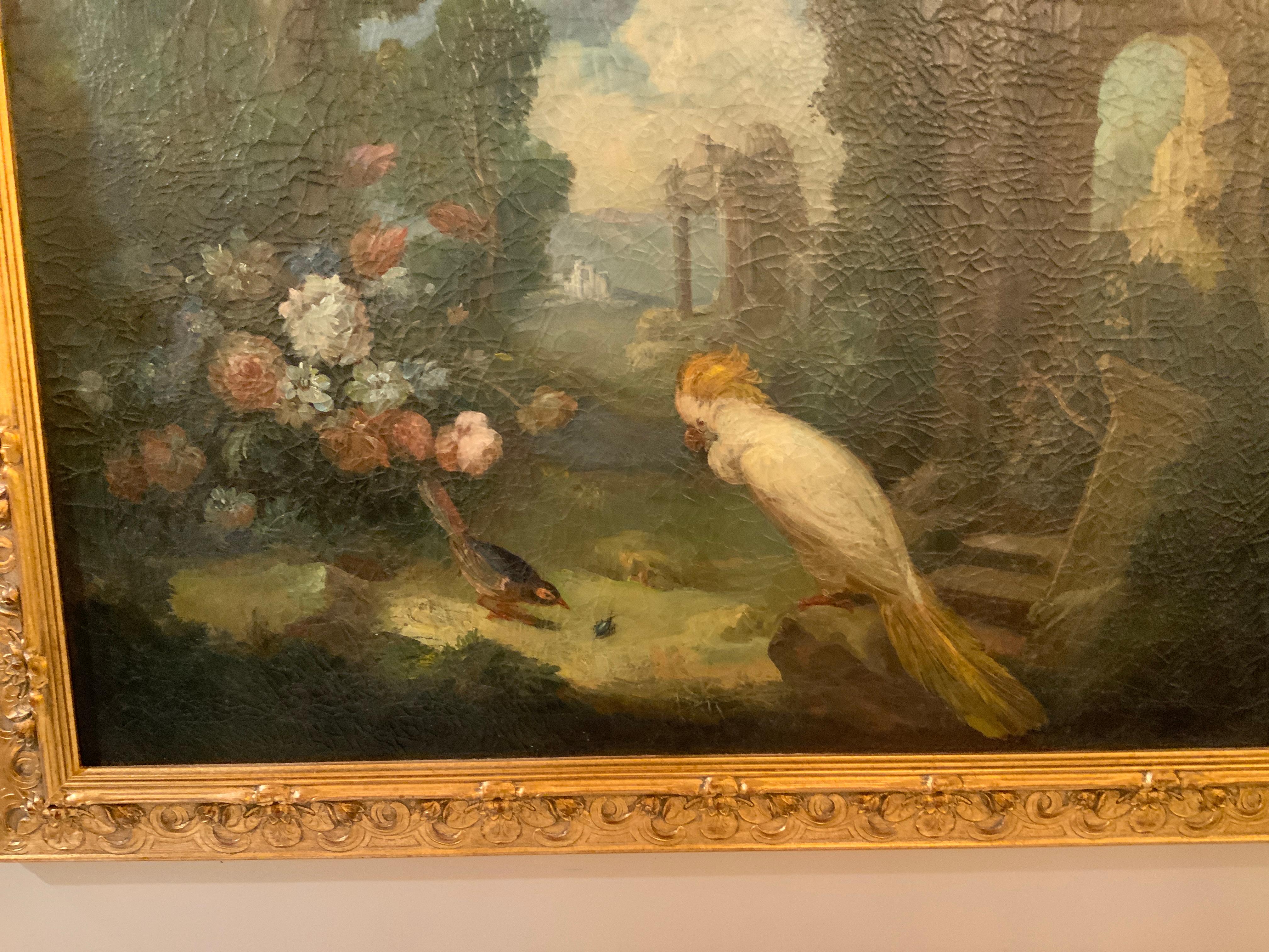 Ölgemälde auf Leinwand eines weißen Kockatoo mit Blumen in vergoldetem Rahmen, 19. Jahrhundert (Farbe) im Angebot