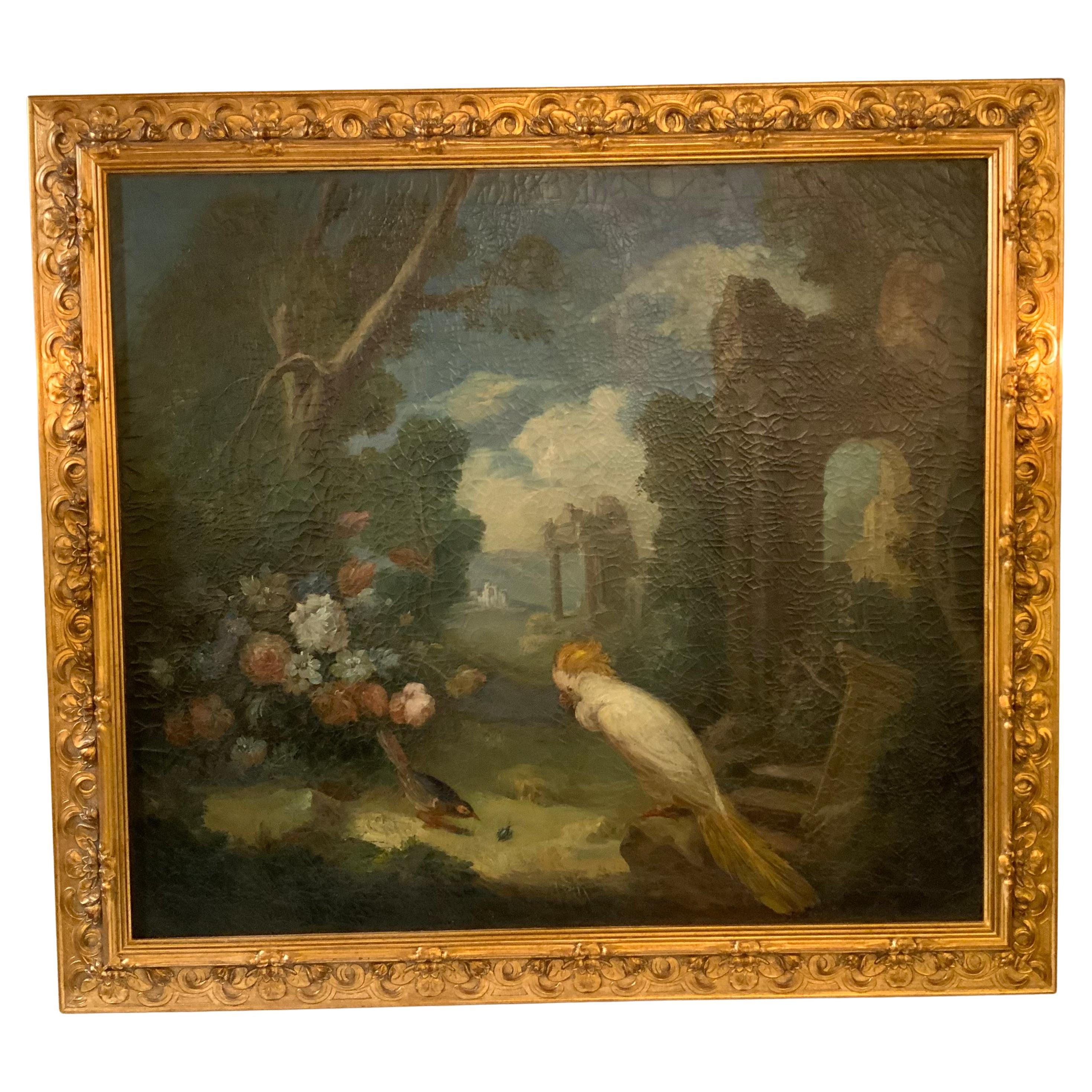 Ölgemälde auf Leinwand eines weißen Kockatoo mit Blumen in vergoldetem Rahmen, 19. Jahrhundert im Angebot