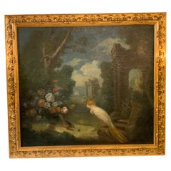 Oil on Canvas of a White Cockatoo with Flowers in Gilt Frame, 19th Century Oil on Canvas of a White Cockatoo with Flowers in Gilt Frame, 19th Century