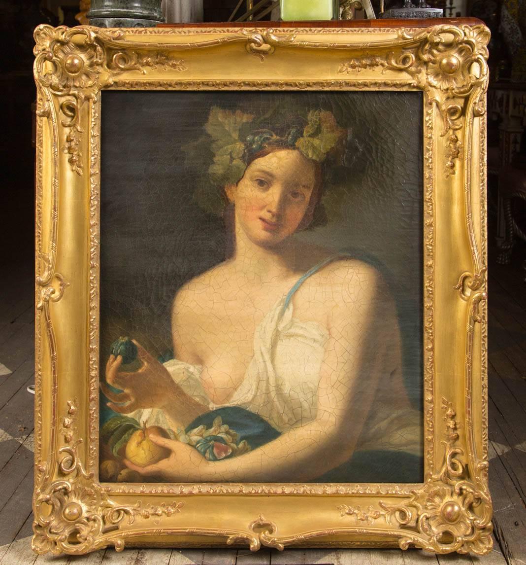 Set within a gilt frame, she holds fruits in both hands. One breast is bare. In her hair are grape clusters and grape leaves.
Unsigned.
Crackled surface.