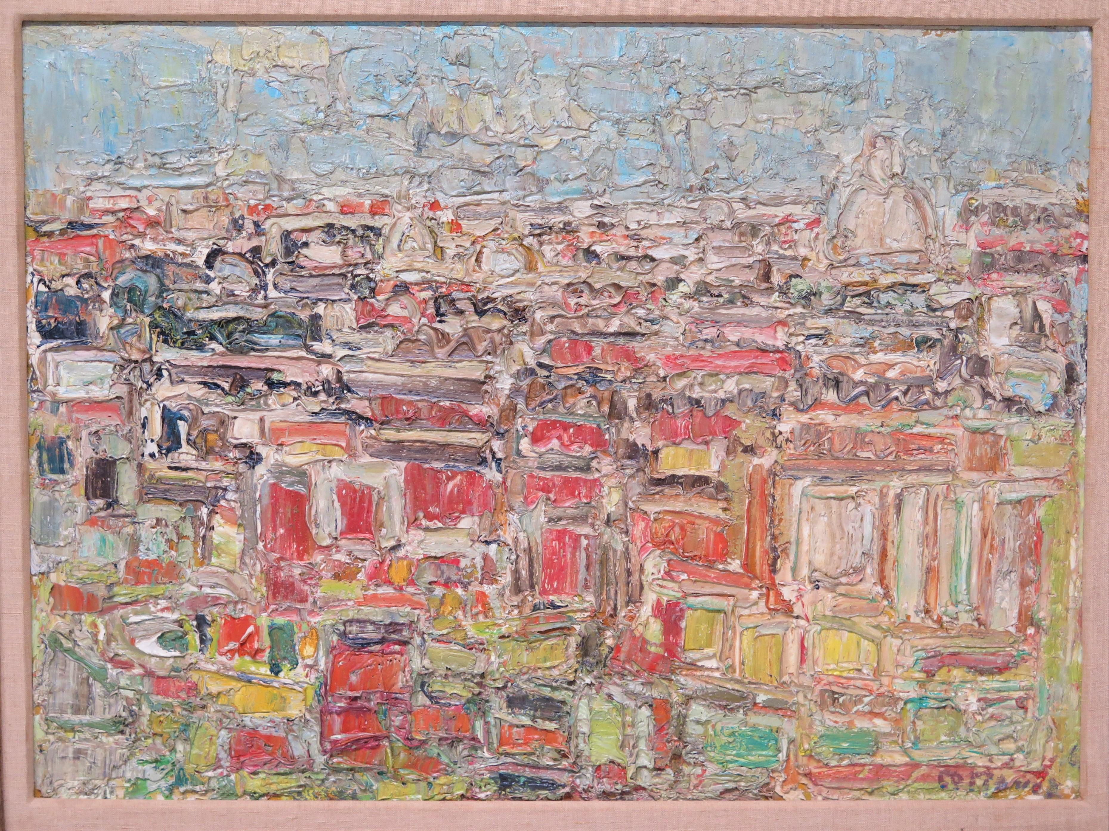 an abstract view of Rome by Andre Cottavoz ( French, 1922-2012 ) oil on canvas, signed lower left and dated verso for 1961. with French gallery tag affixed verso. France. 20th century.

MEASUREMENTS:

Frame 30.25