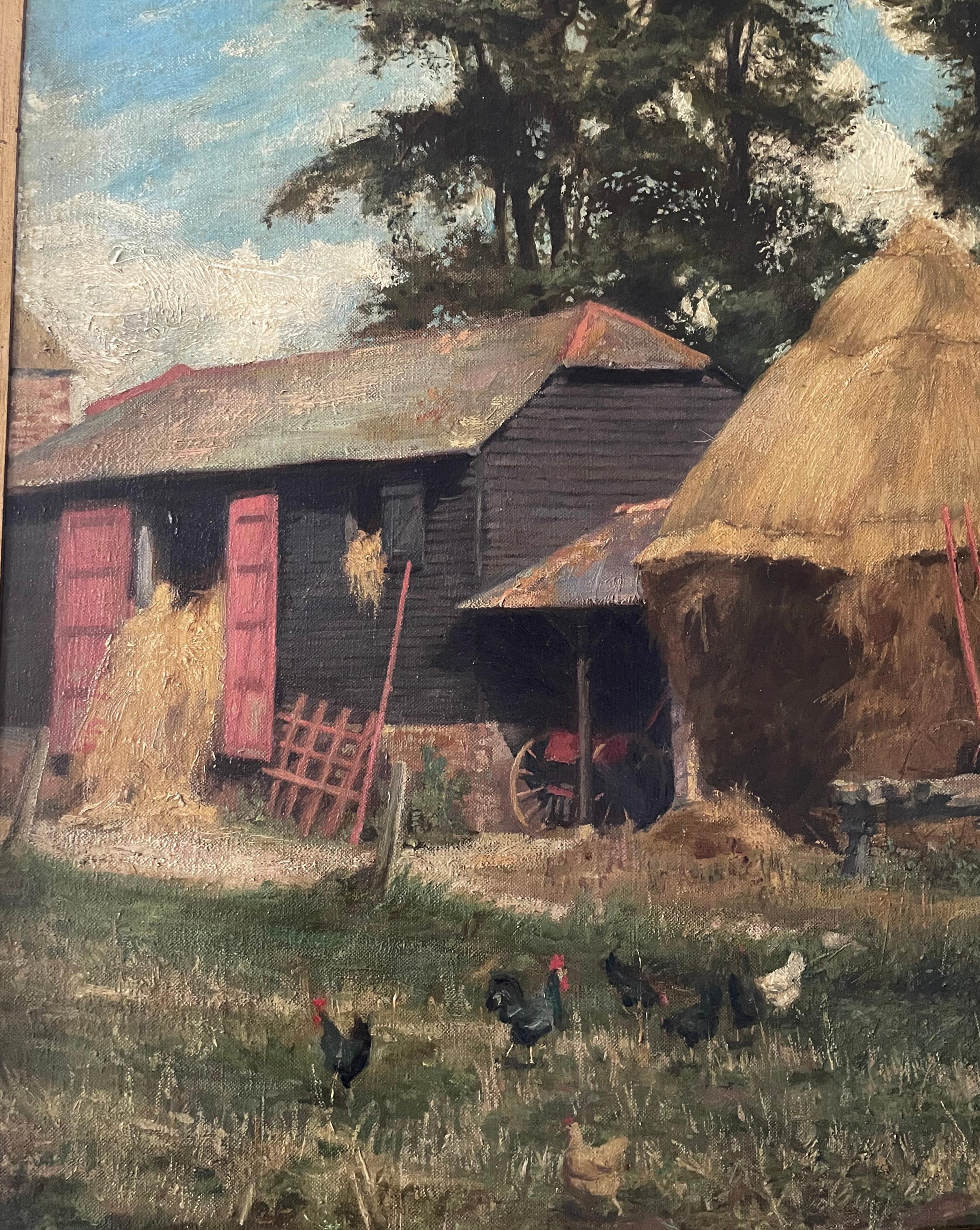 19th C Oil on Canvas of an English Barnyard Scene with Staddlestones For Sale 8